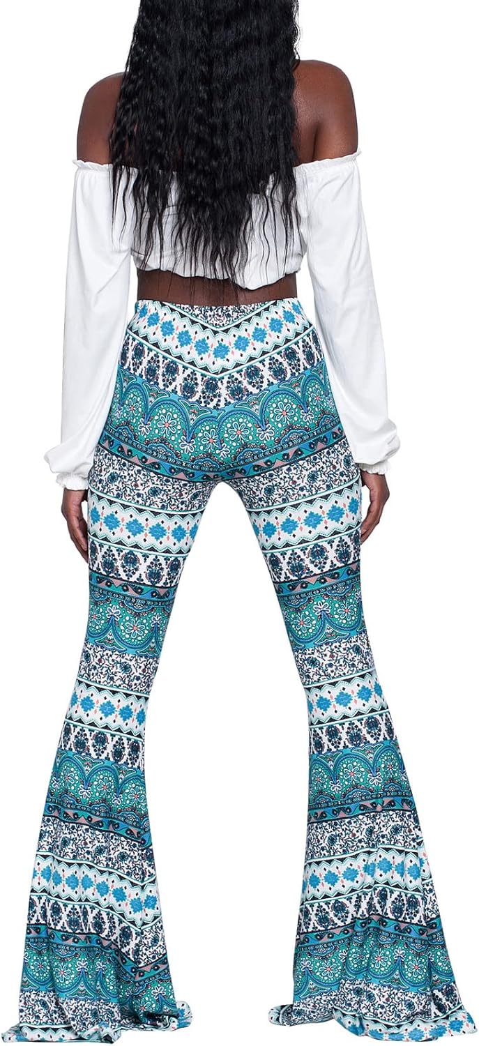 Nuofengkudu Dam vintage tryckta långa utsvängda byxor hög midja stretchiga vida ben yogabyxor