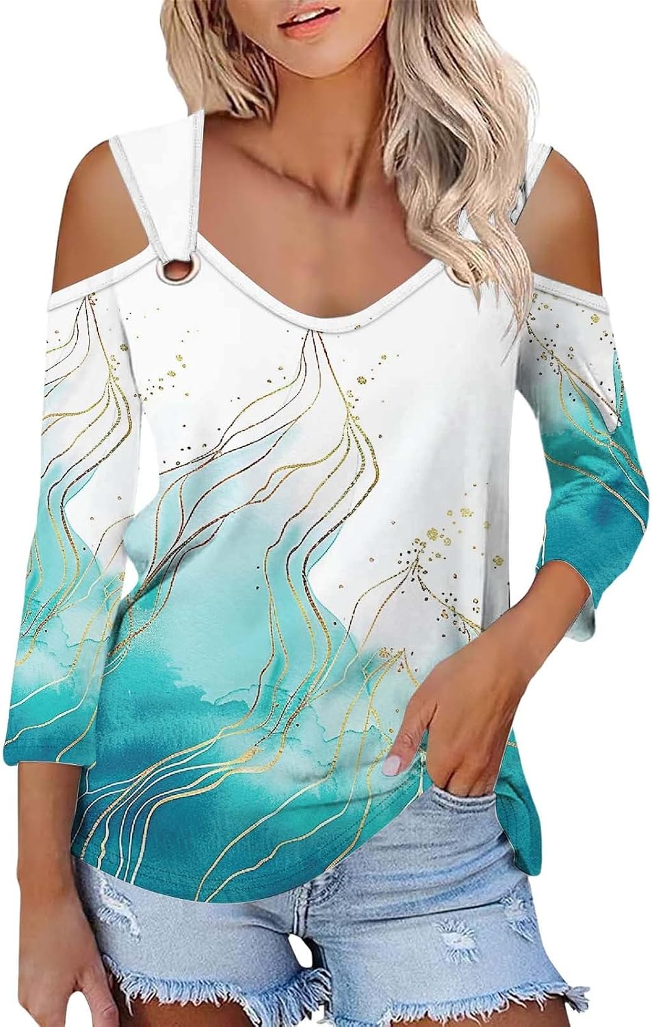 Enfärgad T-shirt för kvinnor, V-ringad och 3/4-ärmar i smal passform, sommarskjortor, topp, axellös, blustopp, toppar, eleganta fritidsskjortor, tryckt strandskjorta, t-shirt, stor storlek