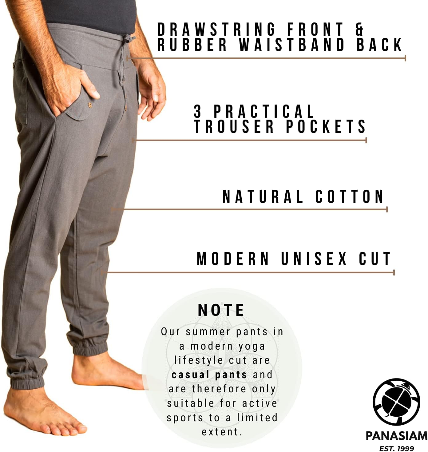 PANASIAM Yogi Pants Classic för dam och herr I bekväma fritidsbyxor i Aladin-Harem-stil – 100% bomull I optimal passform tack vare dragsko fram och elastisk linning bak I sommarbyxor