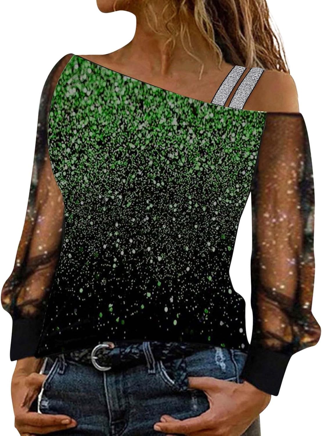 Elegant damskjorta paljetter nyår axellös elegant nät med paljetter plus storlek t-shirts för fest och kväll cocktail ceremoni kurviga toppar långärmad glitter blus 2025
