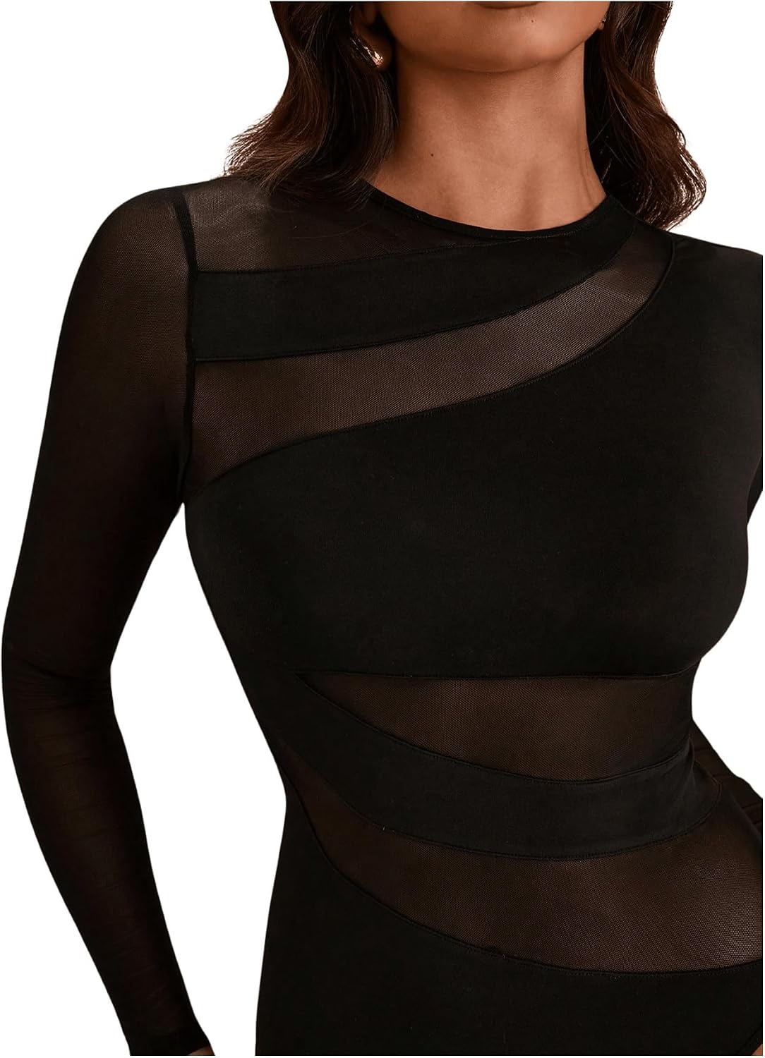 GORGLITTER Dambodysuit, elegant bodysuit, med genomskinligt nät, överdel, långärmad, bodys, nätskjorta, höst, festival, outfit
