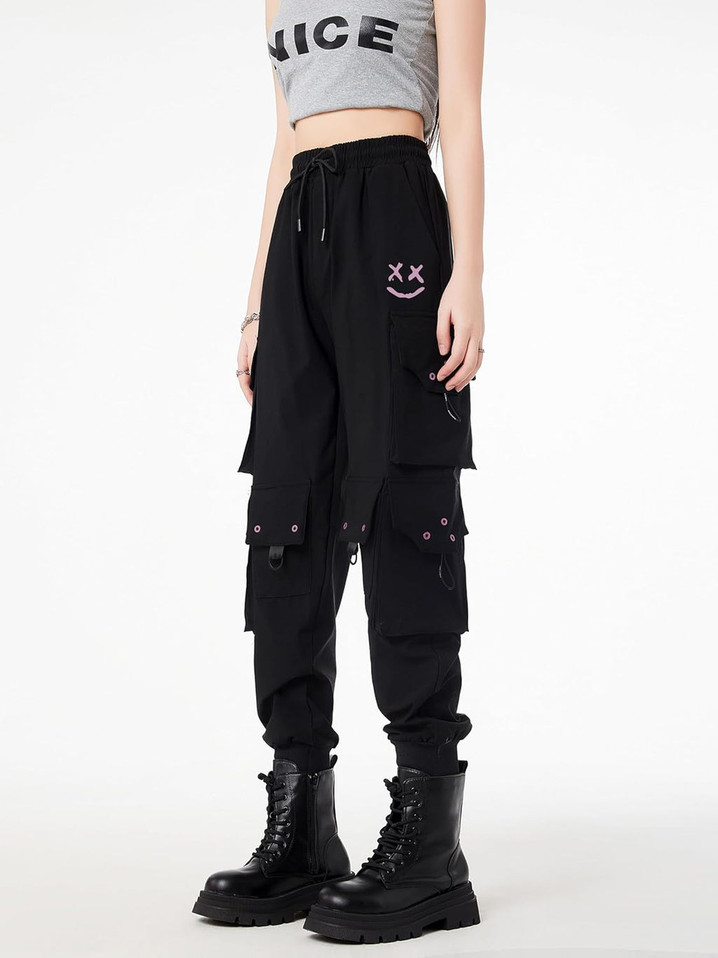 CLOAKA Cargobyxor dambyxor, joggingbyxor, hög midja, Y2k, gotiska, techwear, streetwear, cargobyxor, stretch, bekväma med elastiskt band, lös säckig utomhus, hip hop-tryck