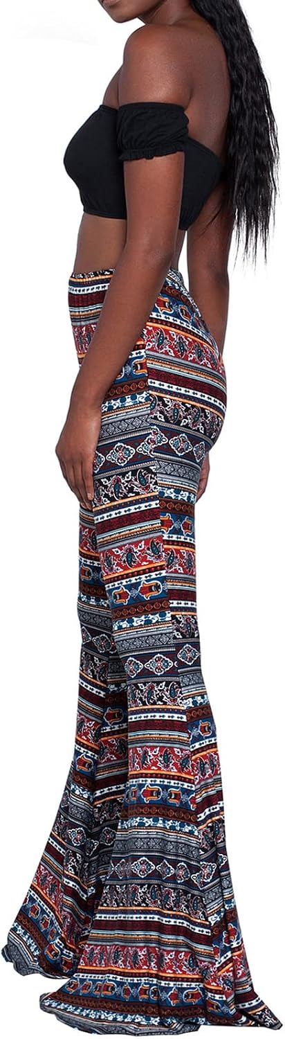 Nuofengkudu Dam vintage tryckta långa utsvängda byxor hög midja stretchiga vida ben yogabyxor
