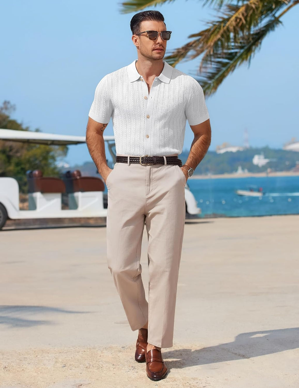 COOFANDY Herr kortärmad stickad pikétröja stretch kabel stickad full knapp golfskjorta polo t-shirt