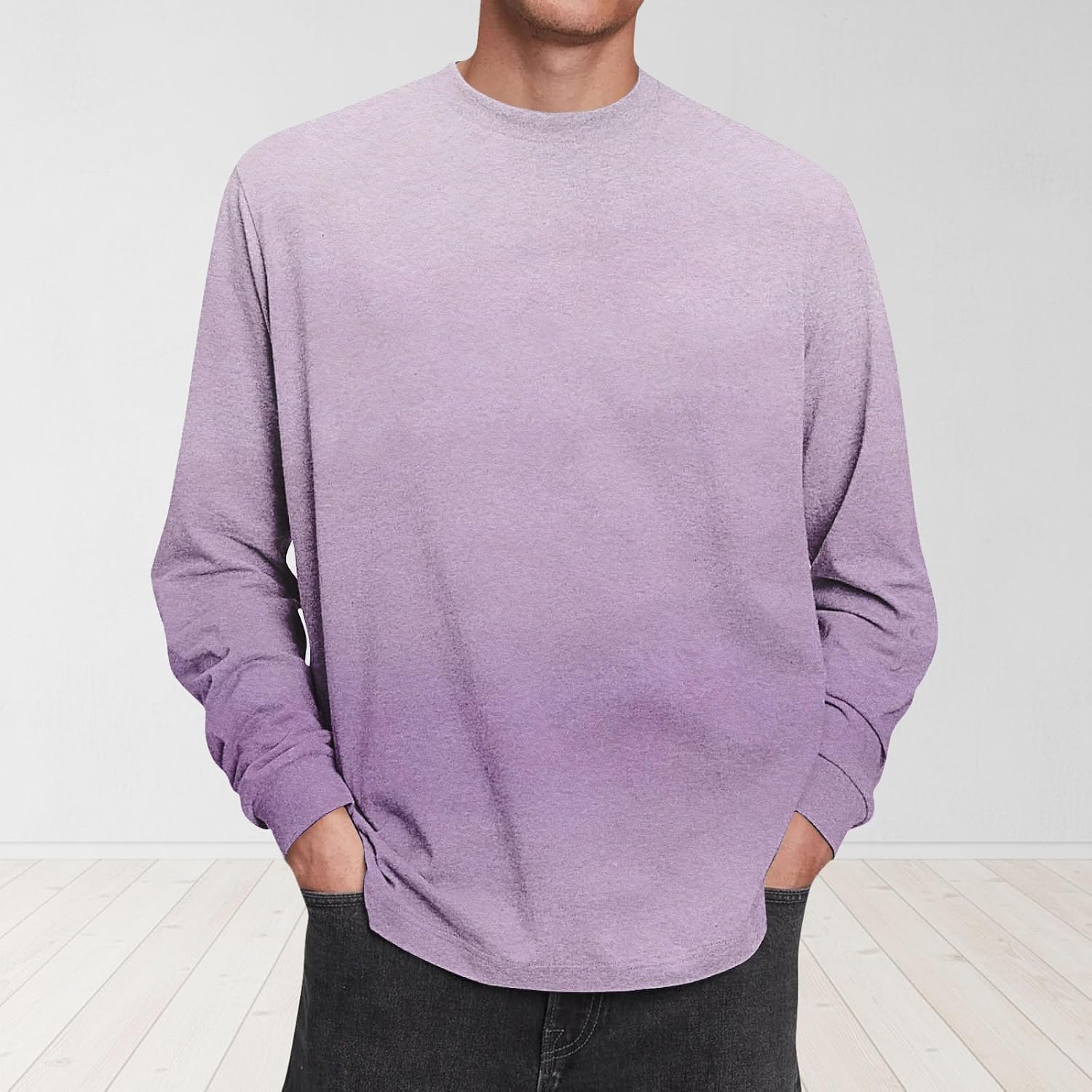 Herr långärmad t-shirt tonad färg rund hals lätt vardaglig pullover topp
