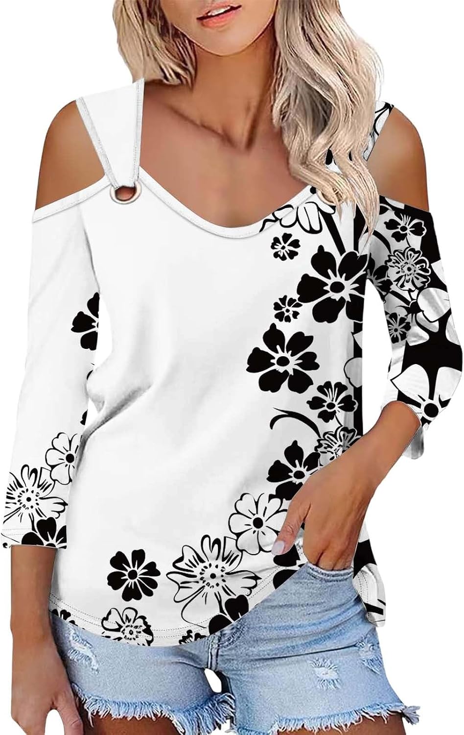 Enfärgad T-shirt för kvinnor, V-ringad och 3/4-ärmar i smal passform, sommarskjortor, topp, axellös, blustopp, toppar, eleganta fritidsskjortor, tryckt strandskjorta, t-shirt, stor storlek