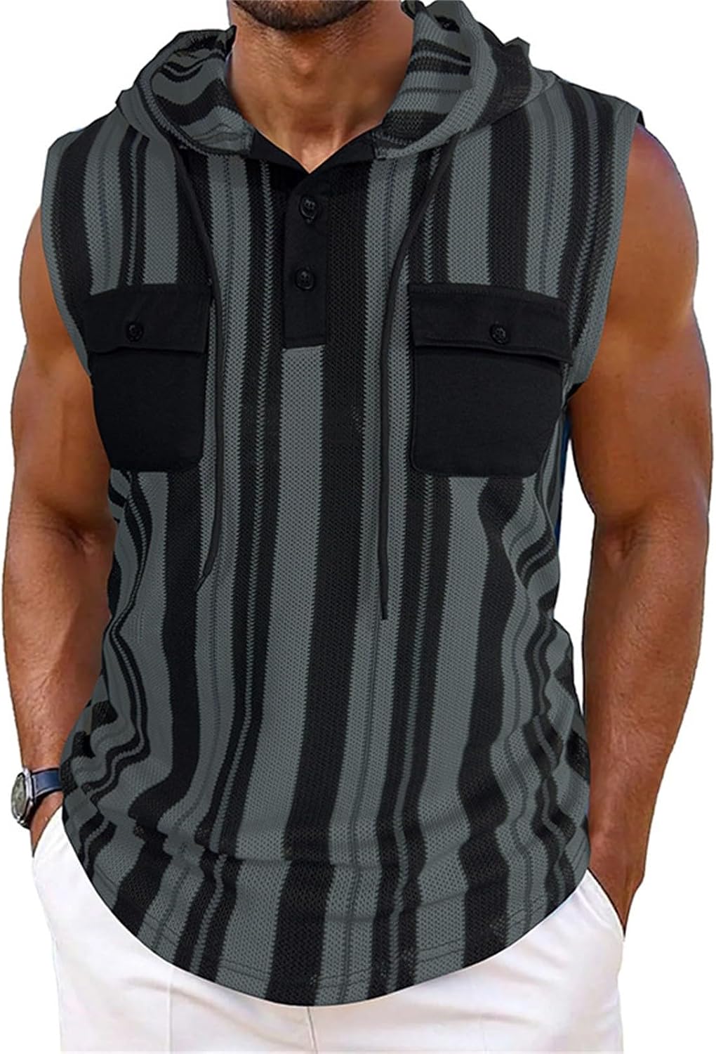 Ärmlösa västar med huva för män sommar vardaglig tank top lätt pullover väst med bröstficka och knappdetaljer urholkade randiga designvästar smal passform mode gym linne för fritid