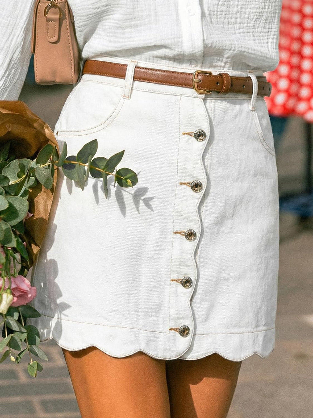 CUPSHE kvinnor denim kjol vardaglig hög midja A-linje skulpterad fåll mini jeanskjol med fickor