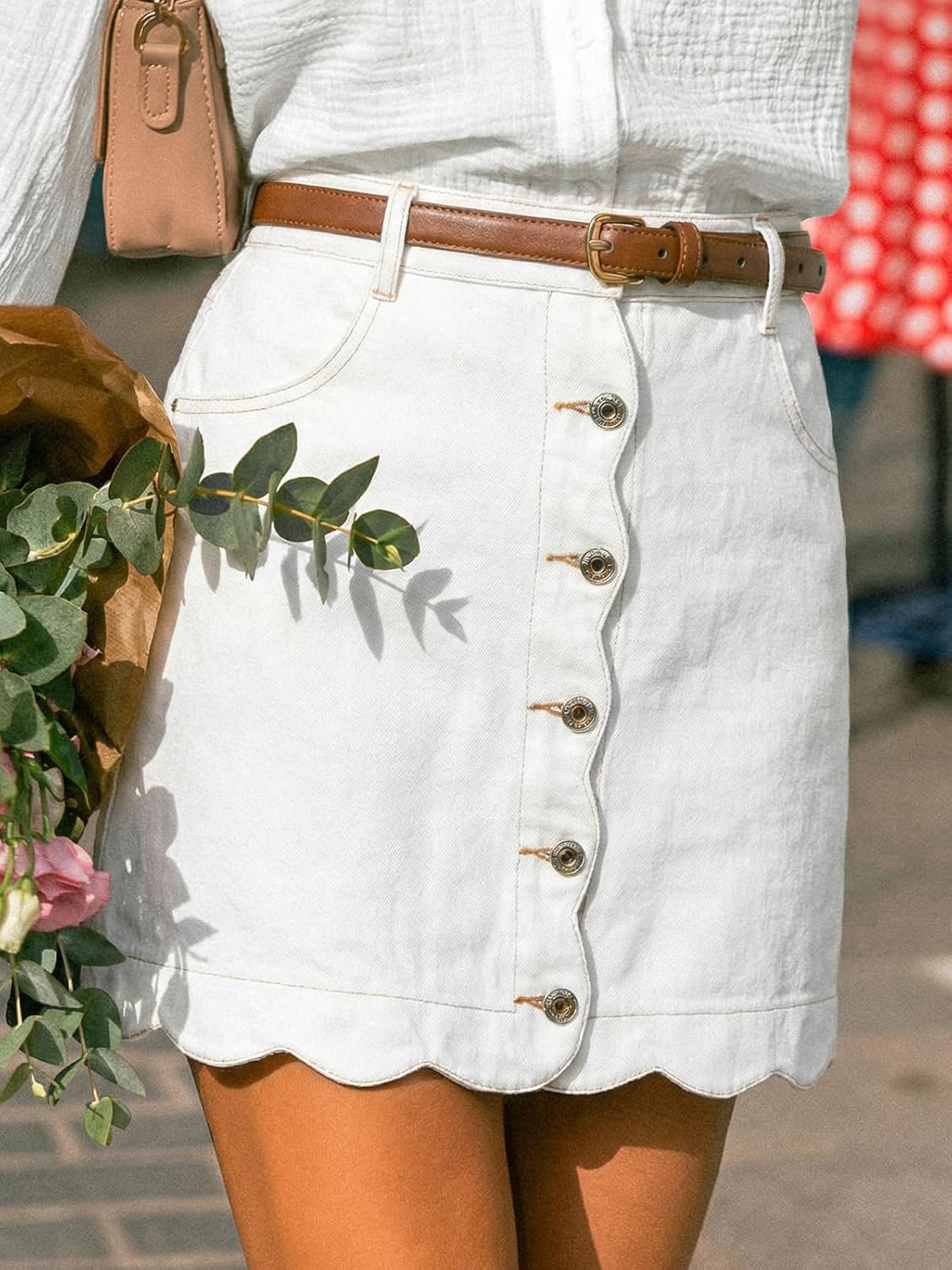 CUPSHE kvinnor denim kjol vardaglig hög midja A-linje skulpterad fåll mini jeanskjol med fickor