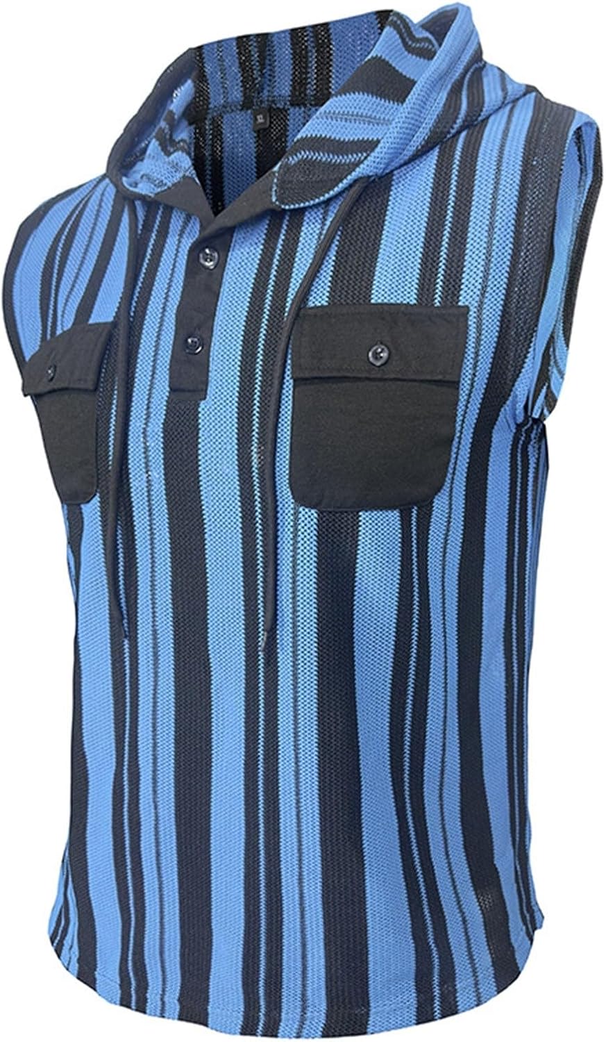 Ärmlösa västar med huva för män sommar vardaglig tank top lätt pullover väst med bröstficka och knappdetaljer urholkade randiga designvästar smal passform mode gym linne för fritid