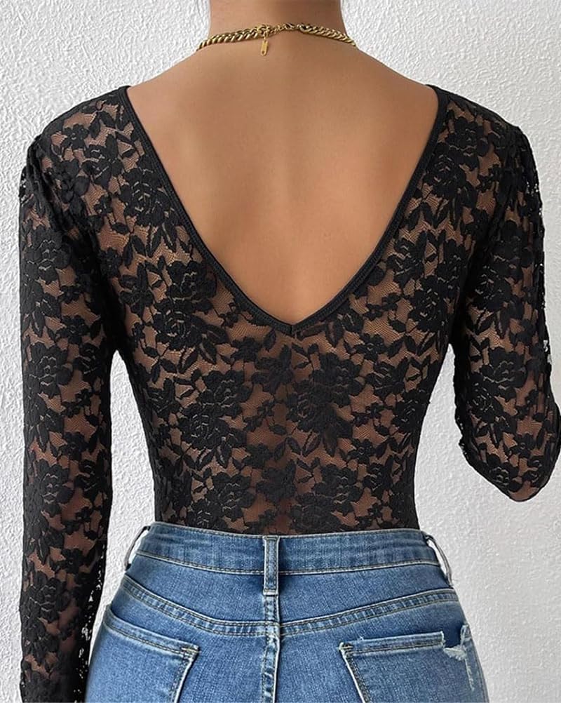 Generisk dambody med spetsar, långärmad eleganta bodys, sexig jumpsuit, toppar, bodysuit, stringtrosa, långärmad body, basic undertröja, V-ringad, party, topp, bustier, ledig, chic, body, spets, damer