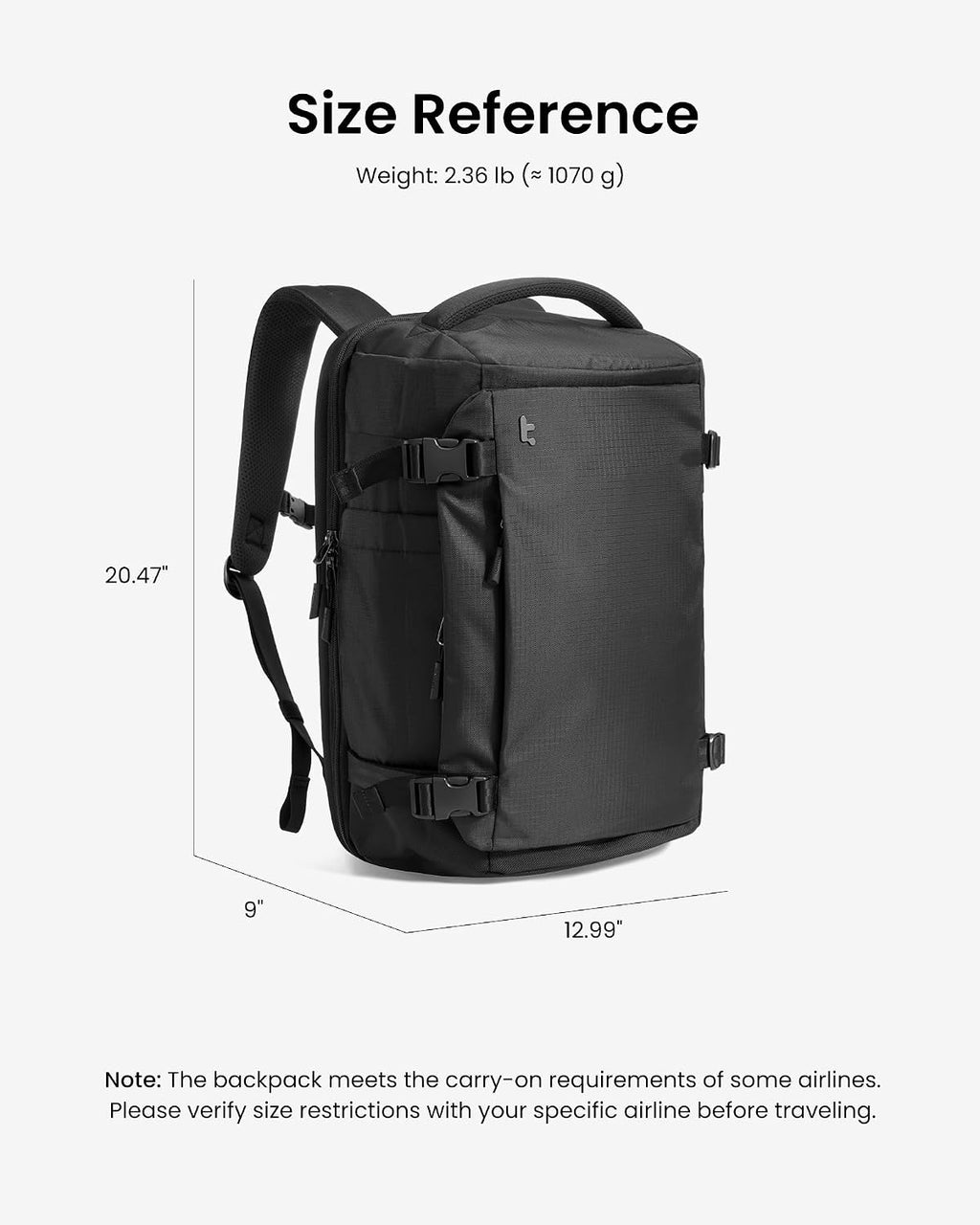 tomtoc 40L Reseryggsäck, TSA-vänlig handbagage-ryggsäck Reseryggsäck för 15,6-17 tums bärbar dator, flyggodkänd ombordstigning Vattenavvisande kabinryggsäck för resor Weekender Trip