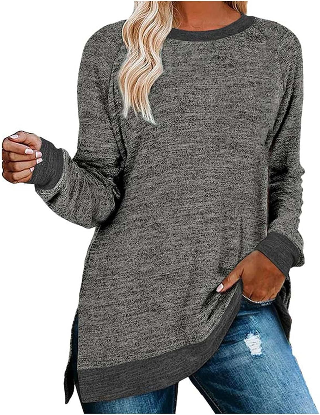 HUIFUAO T-shirt för kvinnor långärmad rund hals färgblock delad topp lös pullover topp skjorta kvinnor svart plus size t-shirt