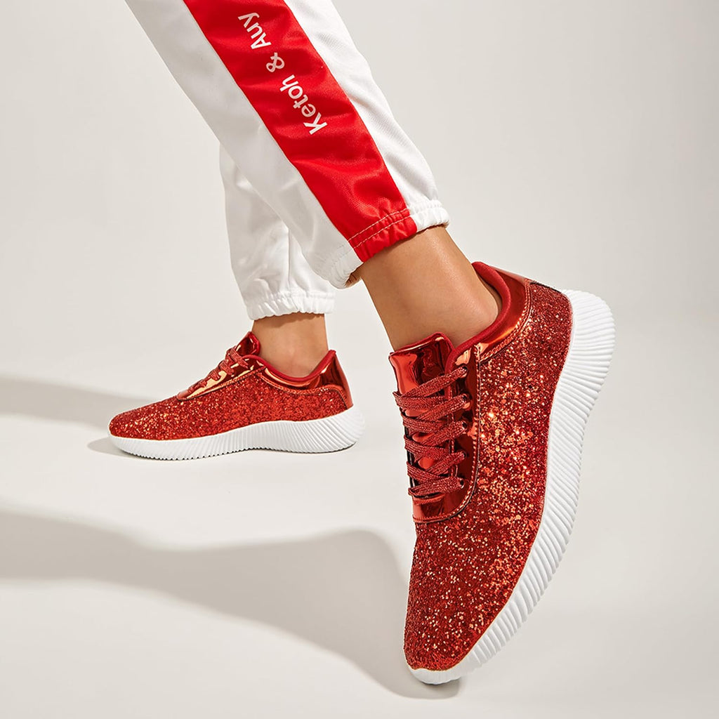 LUCKY STEP Briljanta sneakers för kvinnor med strass och metallpaljetter, lätta tennisskor