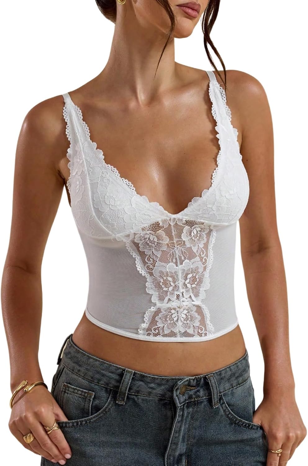 GORGLITTER Korsetttopp för kvinnor, eleganta spetstoppar med v-ringning, bustier, linne, ärmlösa sommartoppar, spetstopp, spaghettitoppar, axeltopp