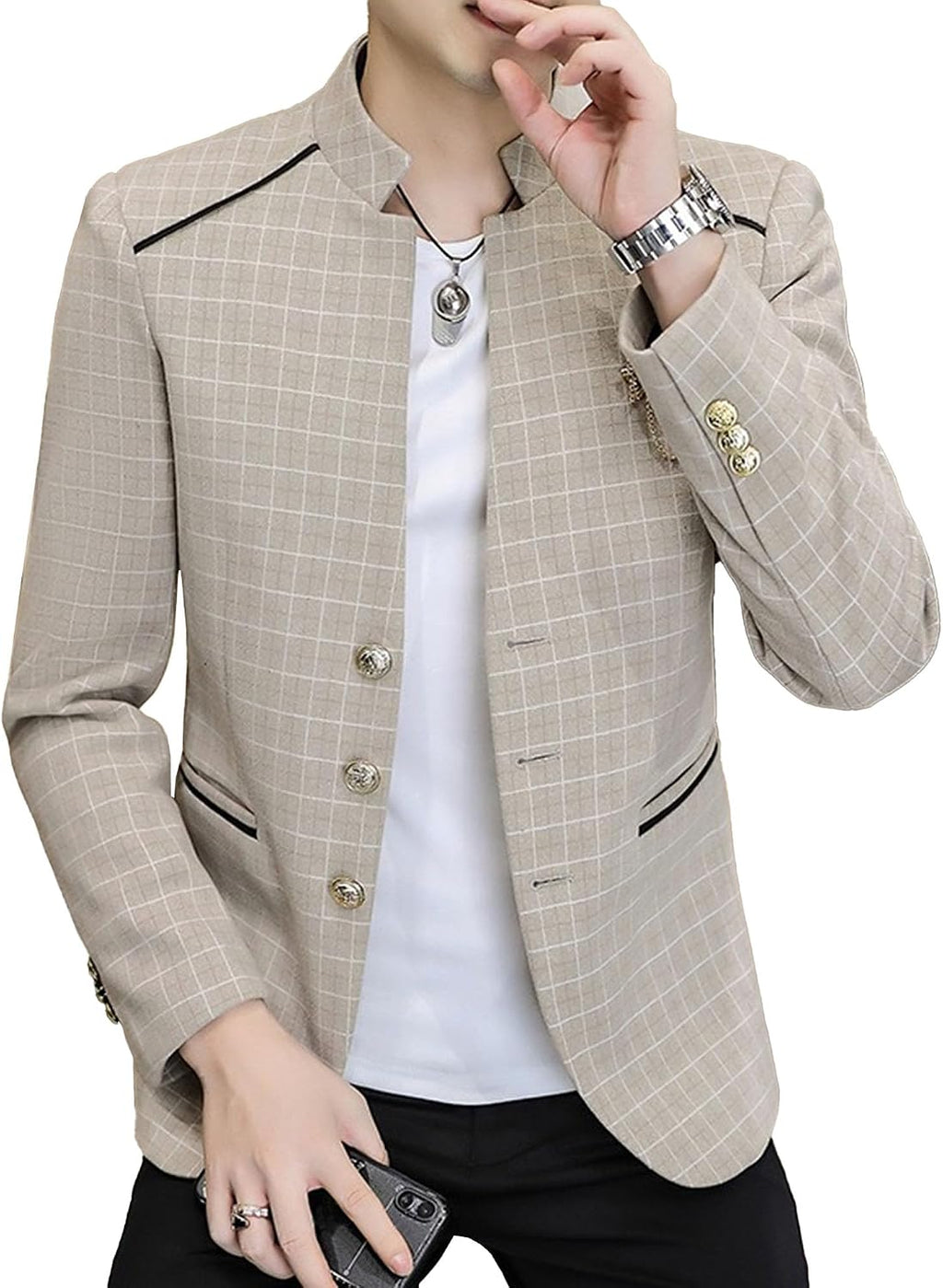 Män stående krage bankett blazer kappa klassisk bröllopsfest 3-knappars rutig jacka vår tunn daglig affärsdräkt jacka