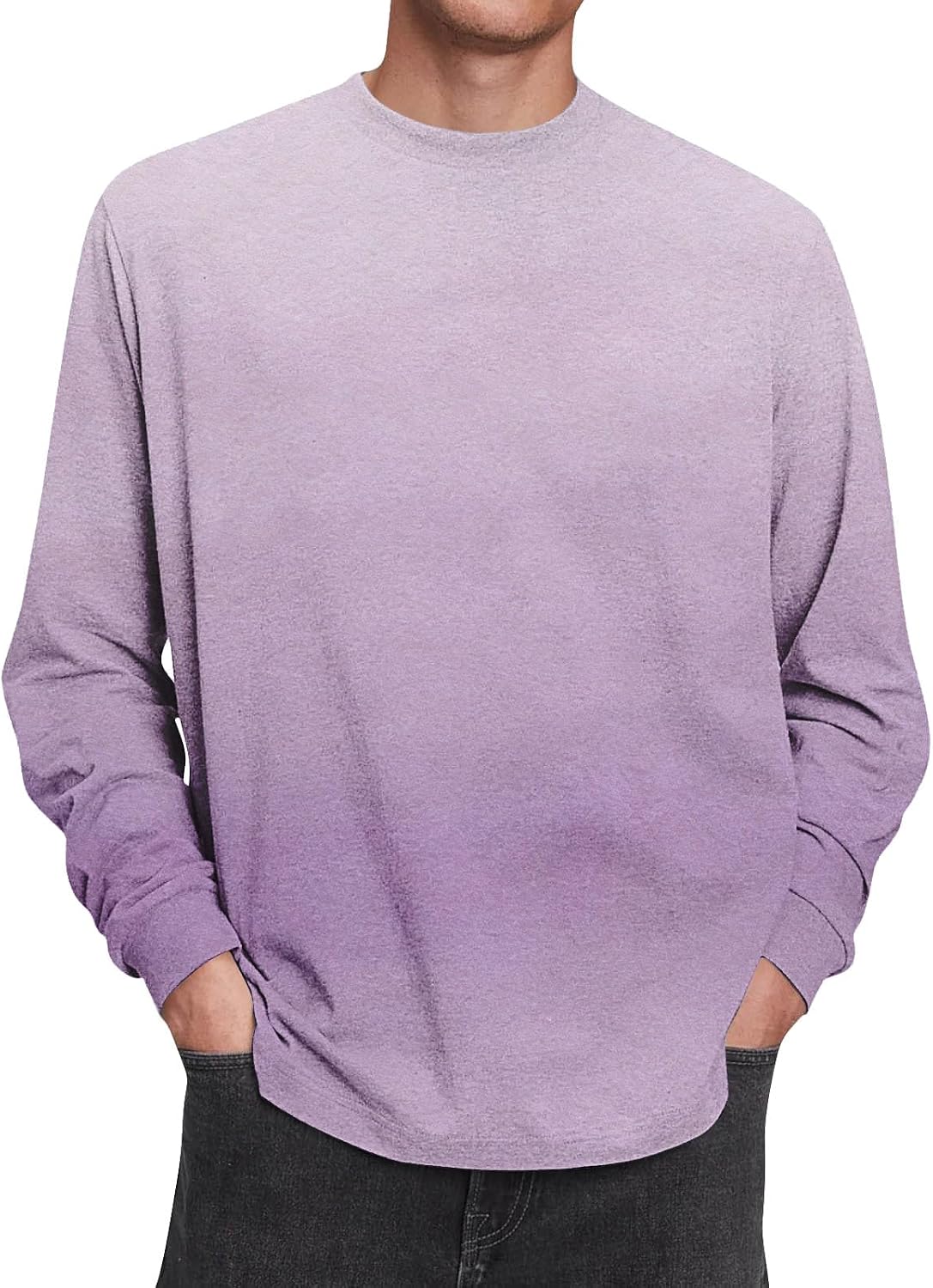 Herr långärmad t-shirt tonad färg rund hals lätt vardaglig pullover topp