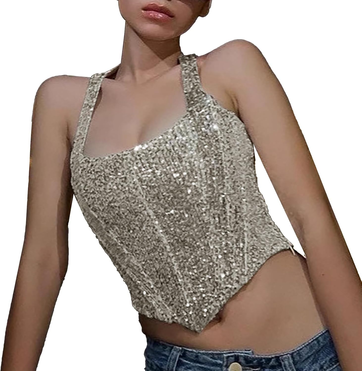 Glitterlinne, damer, slim fit, party, topp, damer, sexig, paljettskjorta, elegant axelbandstopp, glitter, linne, all matchning, sequin, liten väst, toppar, trendig väst, karneval, camisole