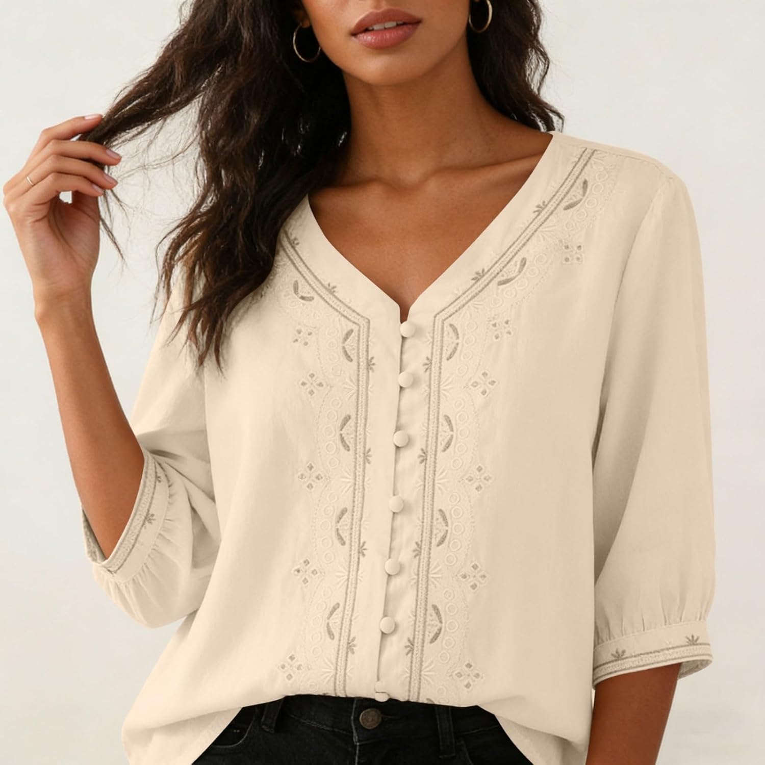 Kvinnors boho toppar bomull linne halvärm v-ringad retro broderade skjortor groda knapp kinesisk stil skjorta damer lös ledig sommar topp