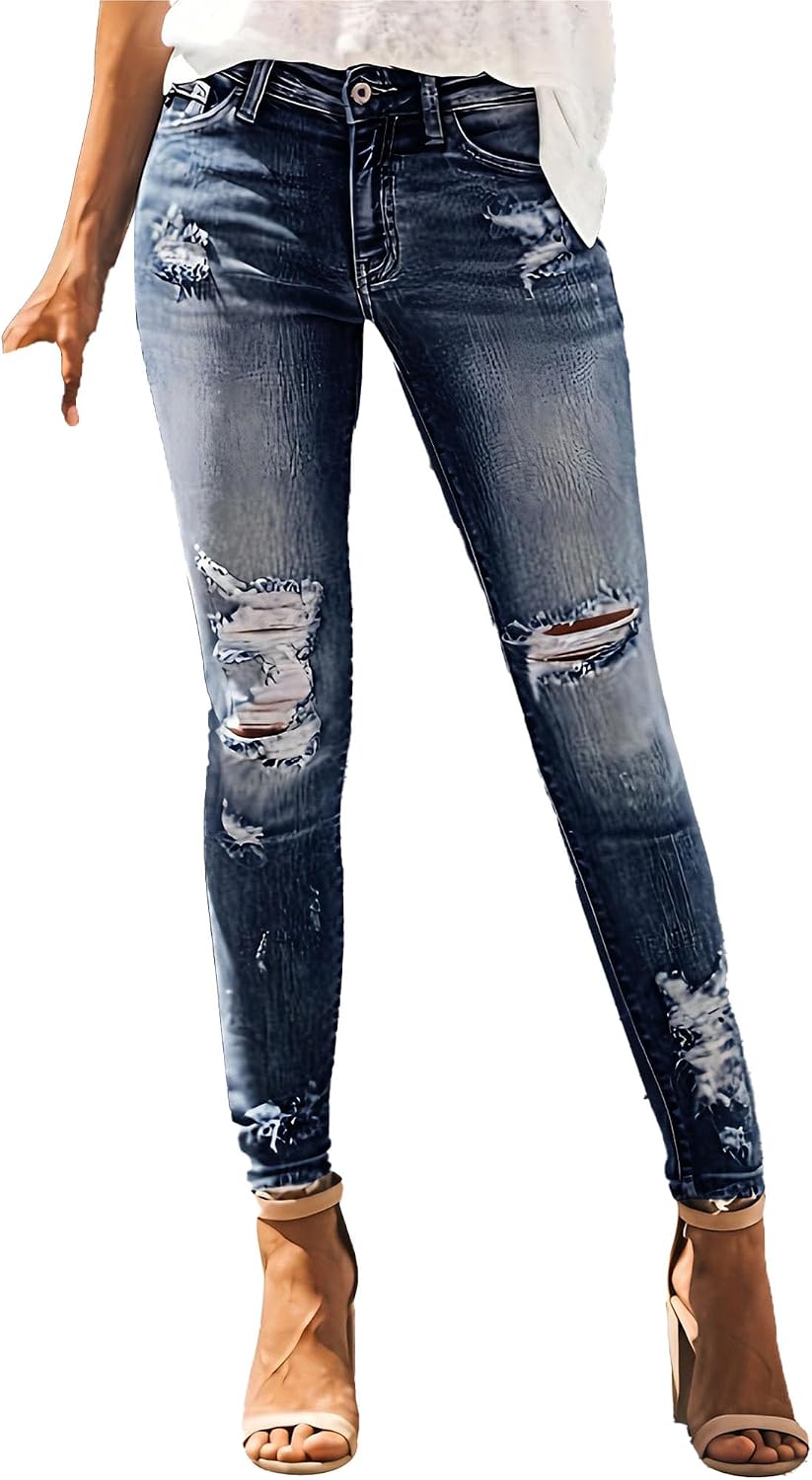 Trendiga jeans för kvinnor 2025 Skinny Ripped Trendiga jeans Distressed Stretchy jeansbyxor