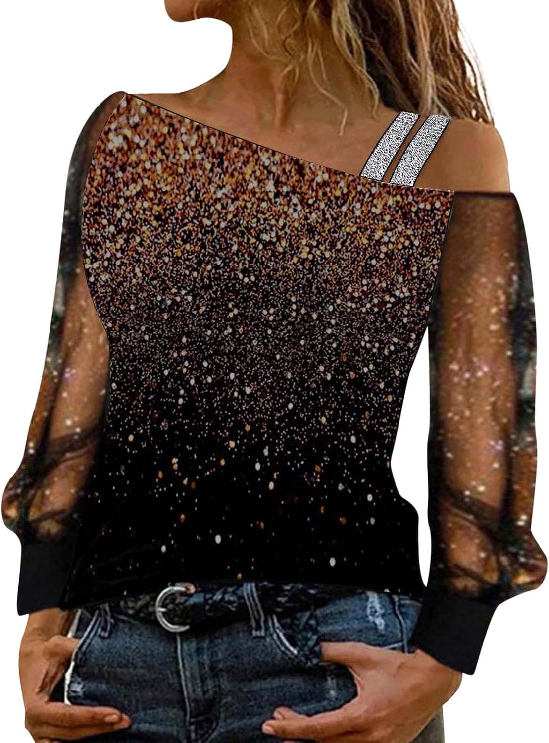 Elegant damskjorta paljetter nyår axellös elegant nät med paljetter plus storlek t-shirts för fest och kväll cocktail ceremoni kurviga toppar långärmad glitter blus 2025