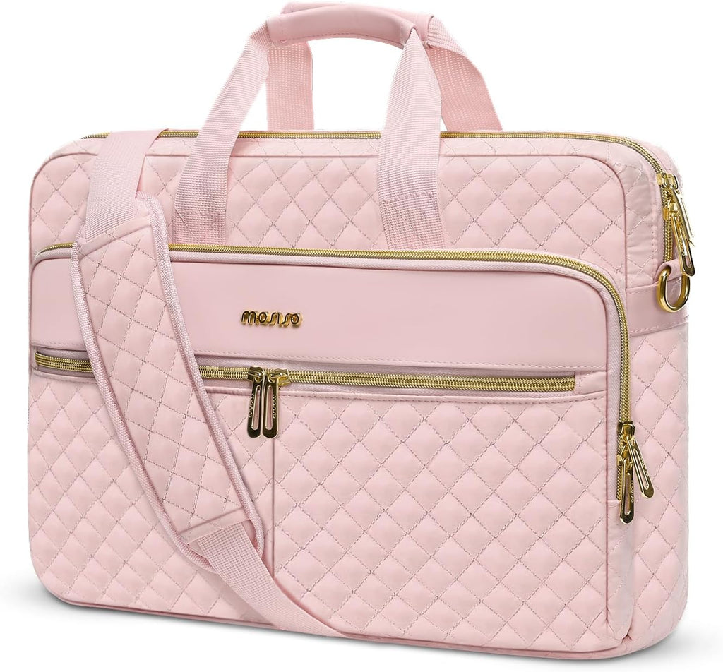 MOSISO Laptopväska, laptopväska, axelväska, dam, portfölj, handväska, kvadratisk quiltad laptopväska, axelväska, kontor, resor, affärer med 3 fickor och remmar