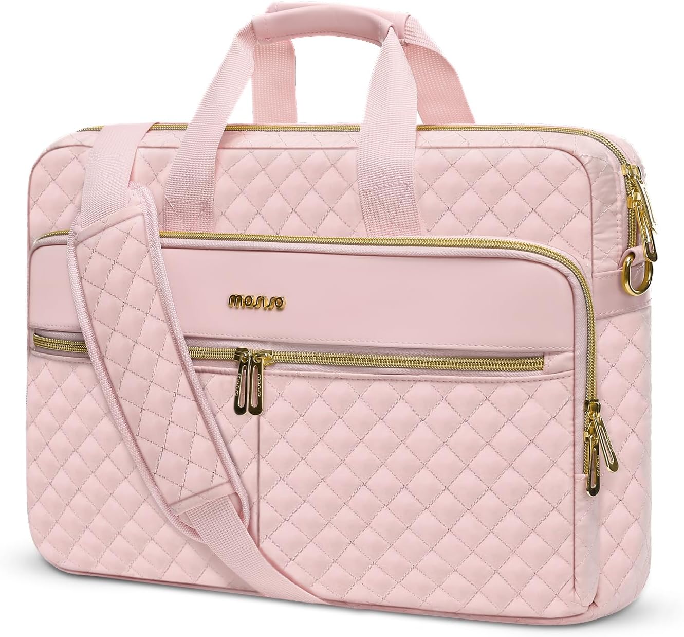 MOSISO Laptopväska, laptopväska, axelväska, dam, portfölj, handväska, kvadratisk quiltad laptopväska, axelväska, kontor, resor, affärer med 3 fickor och remmar