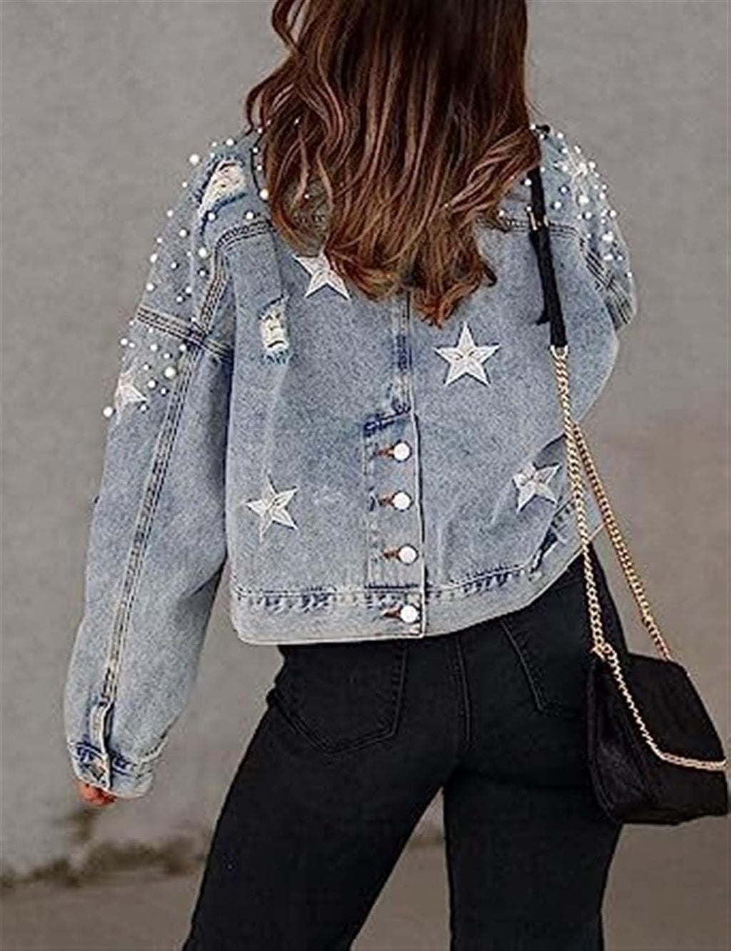 Womens Cropped Pearls Beading Jean Jacket Ripped Star Broderad jeansjacka Coat