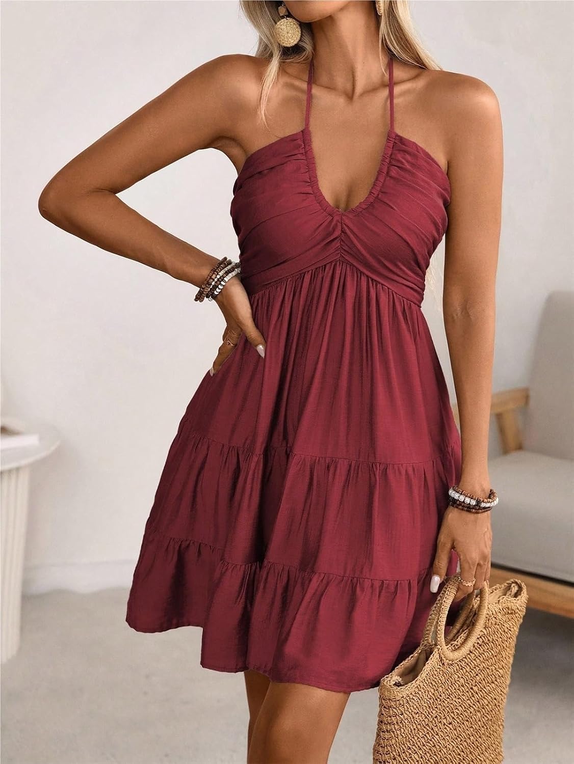 Kvinnors sommar miniklänning Grimma Rygglös Ärmlös A Line Ruffle Hem Flowy Cami Klänningar Sundress