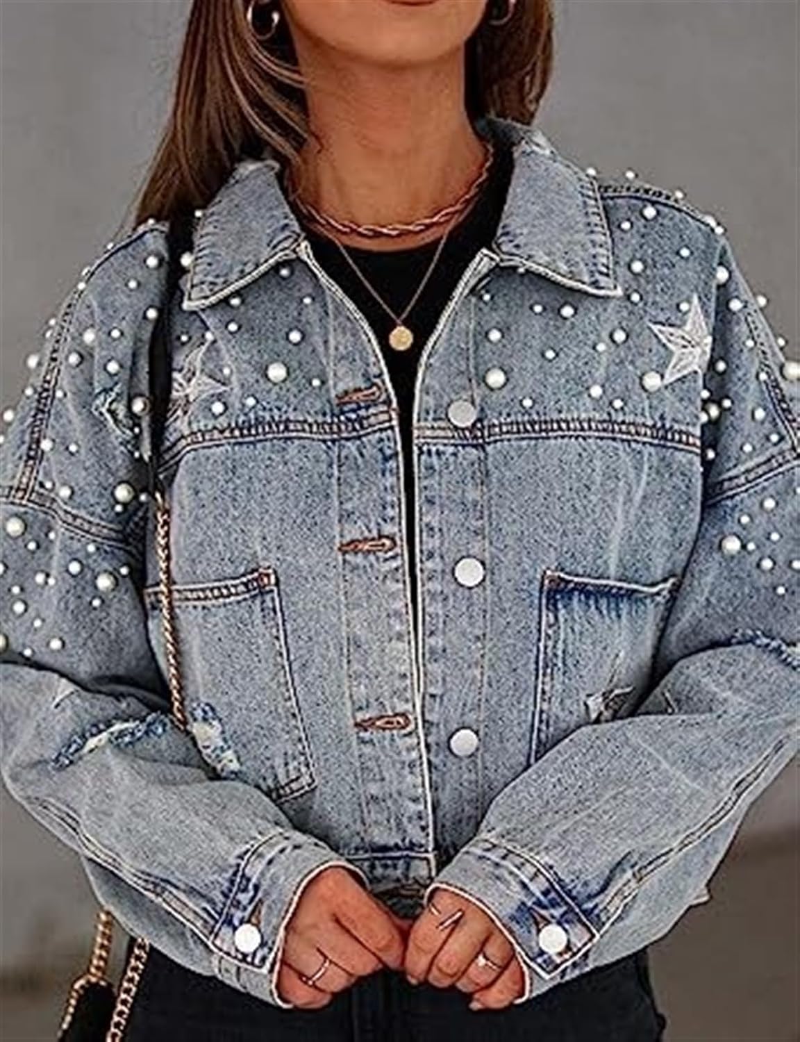Womens Cropped Pearls Beading Jean Jacket Ripped Star Broderad jeansjacka Coat