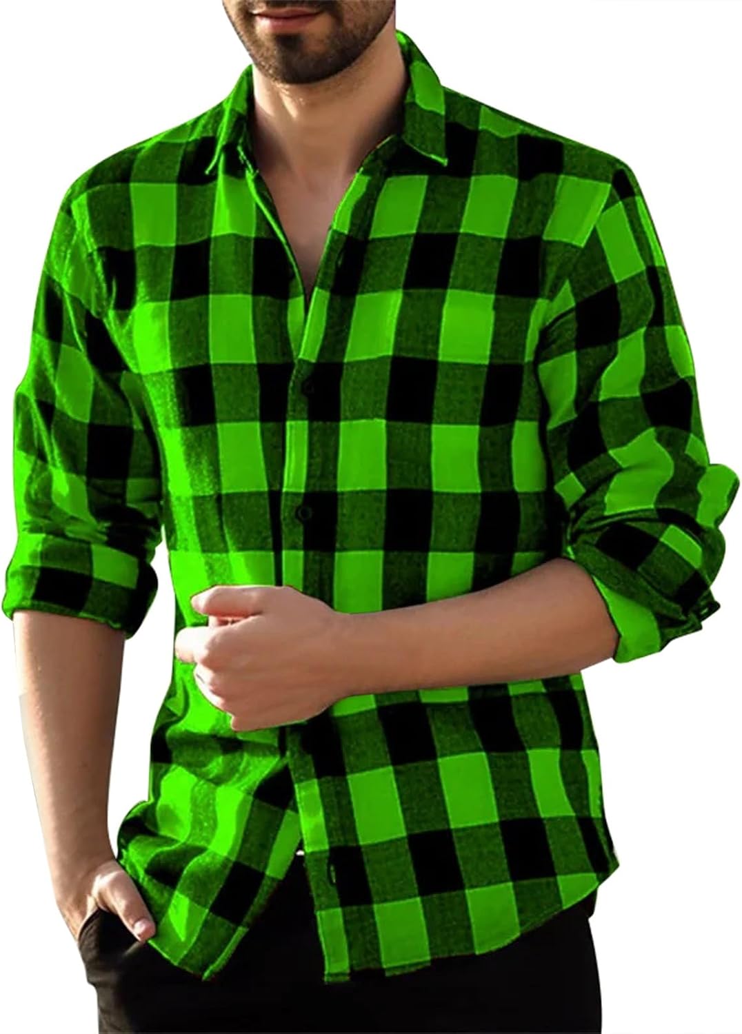 Långärmad vardaglig rutig flanellskjorta, rutig tartan button-down-skjortor för män nedfällbar krage mode avslappnad skjorta med knappar urban stilren herr toppar avslappnad smart långärmad