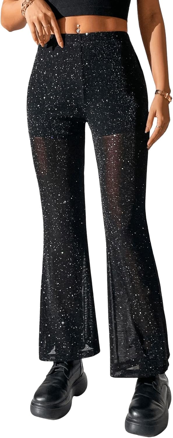 GORGLITTER Nätbyxor, dam, genomskinliga utsvängda byxor med hög midja, glitterbyxor, långa festbyxor, glitter, utsvängda byxor