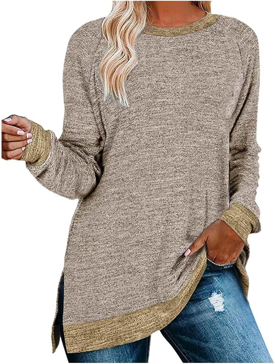 HUIFUAO T-shirt för kvinnor långärmad rund hals färgblock delad topp lös pullover topp skjorta kvinnor svart plus size t-shirt