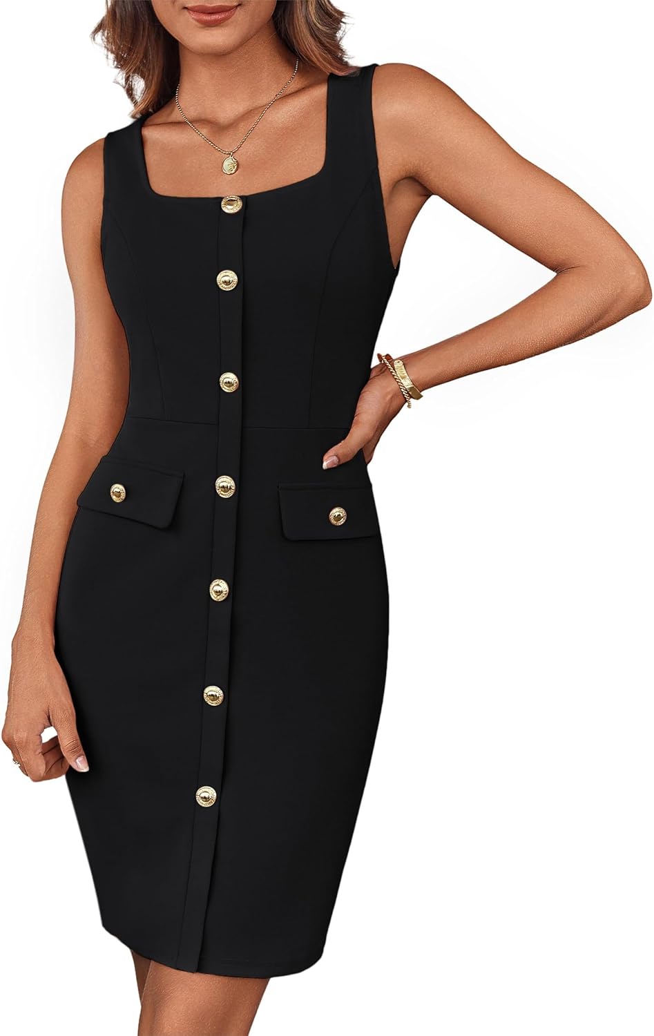GRACE KARIN cocktailklänning för kvinnor, elegant klänning, ärmlös, fyrkantig hals, knapp, bälte, affär, arbete, kontor, formell klänning, wrap klänning, bodycon miniklänning med bälte