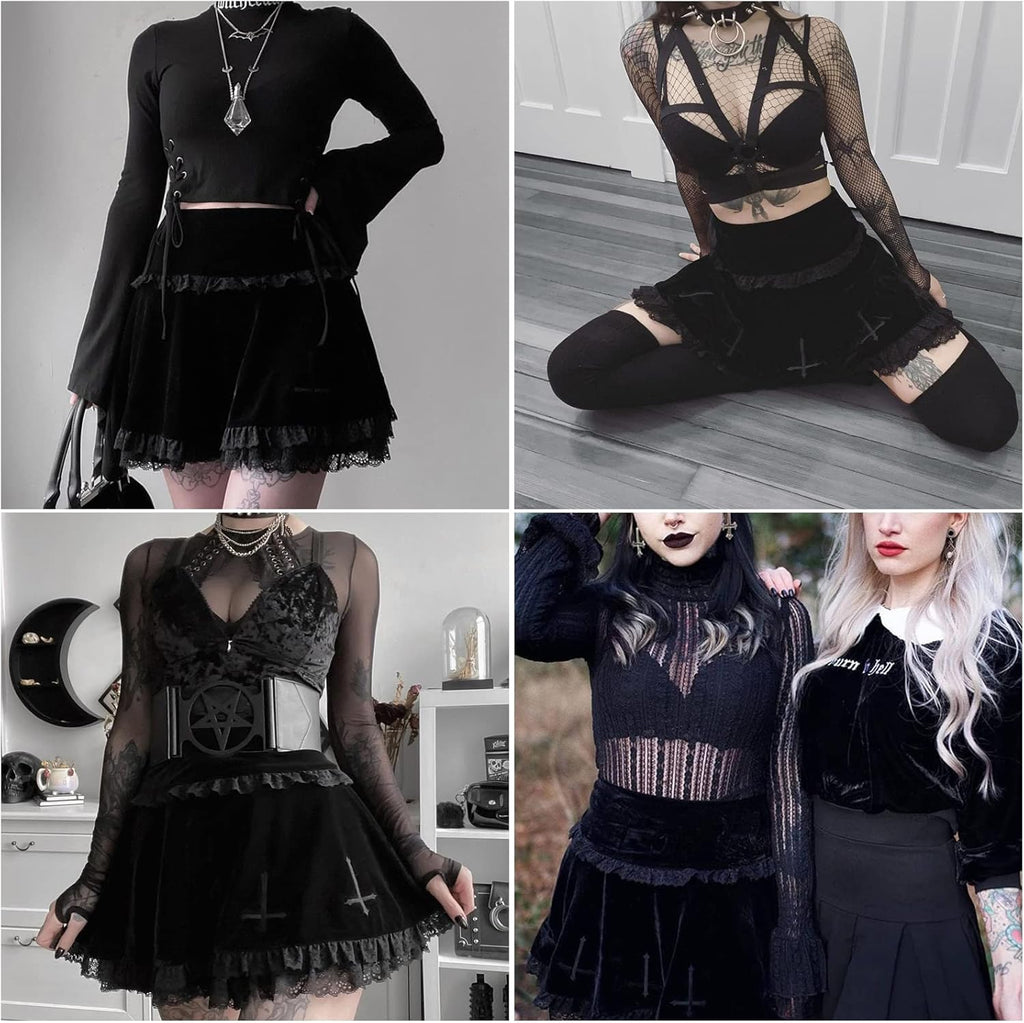 SEAUR Gotisk kjol dam, svart, kort, punk minikjol, steampunk, kjol, cosplay, party, klubb, slitage, hög midja, A-linje, spets, veckad kjol – S, M, L, XL
