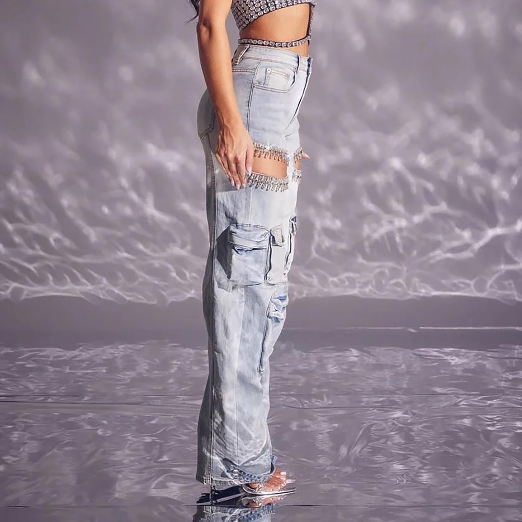 Kvinnor Baggy Ripped Jeans Strass High Waisted Cargo Jeans med Lockfickor Y2k Byxor med Vida Ben Streetwear Ripped Raka Jeans Sexiga Trendiga Jeans