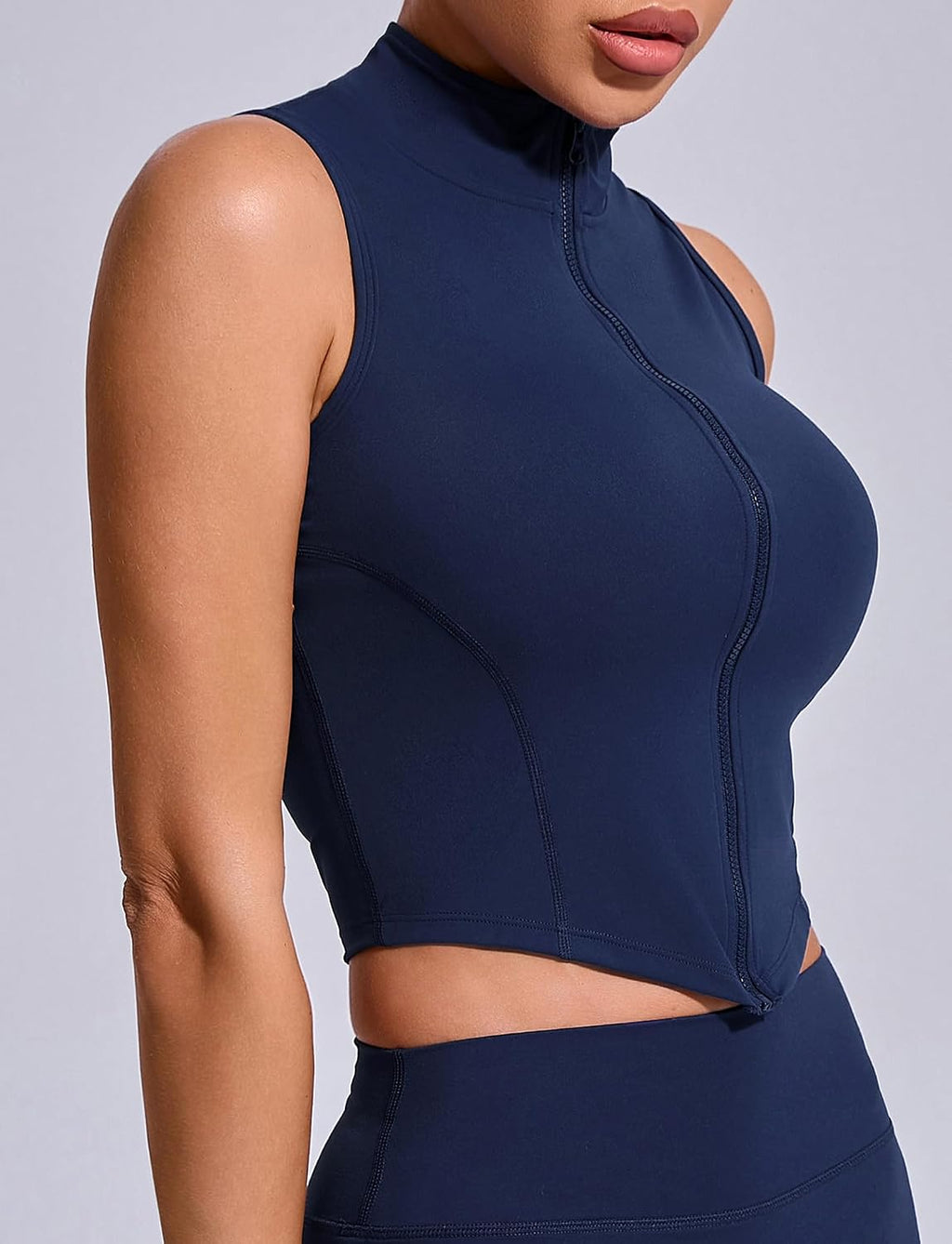 SEAUR Sport crop top damer ärmlös dragkedja tank topp tunn ståkrage tajt topp smal passform snabbtorkande för gym fitness träning S–L