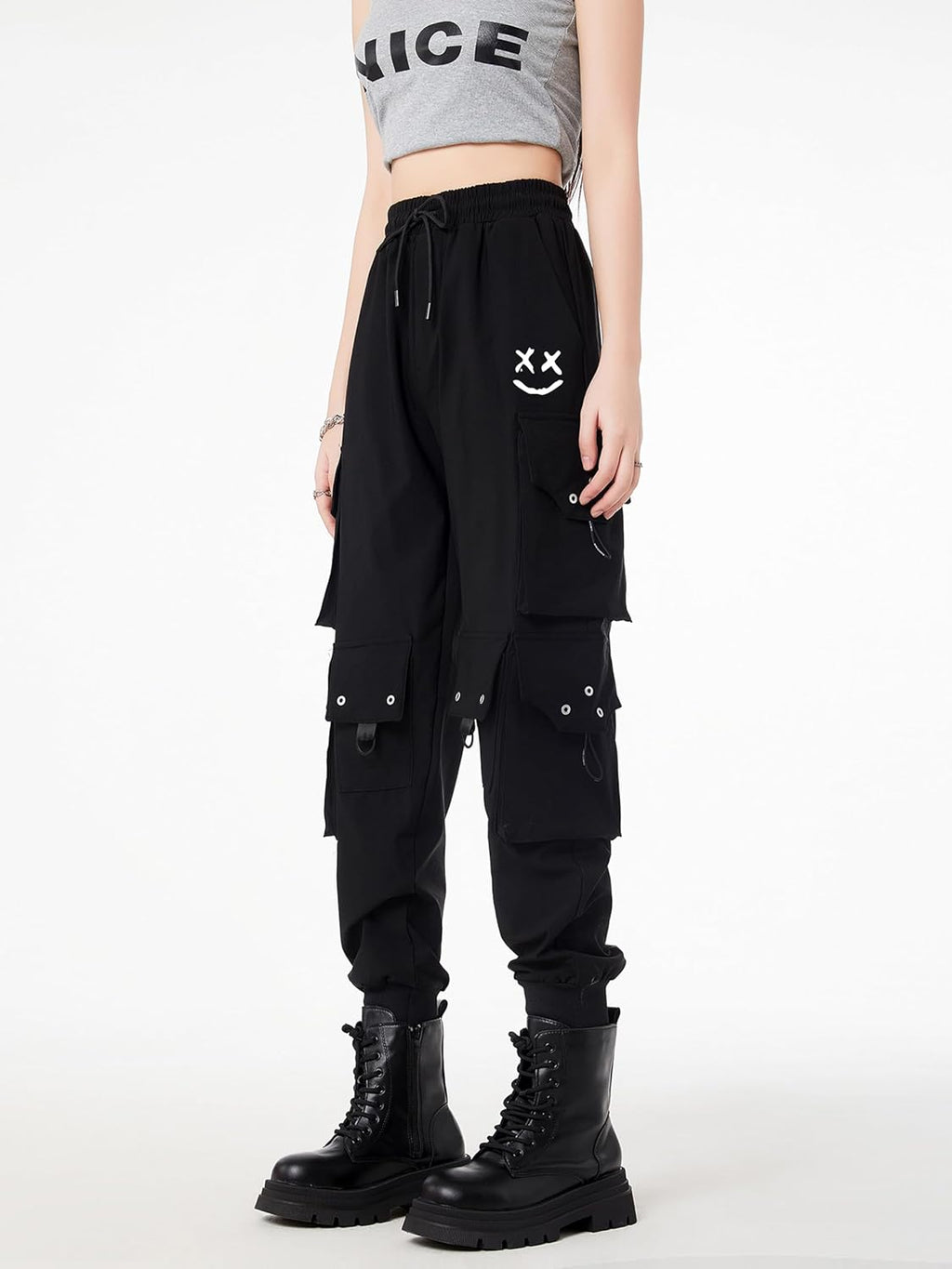 CLOAKA Cargobyxor dambyxor, joggingbyxor, hög midja, Y2k, gotiska, techwear, streetwear, cargobyxor, stretch, bekväma med elastiskt band, lös säckig utomhus, hip hop-tryck