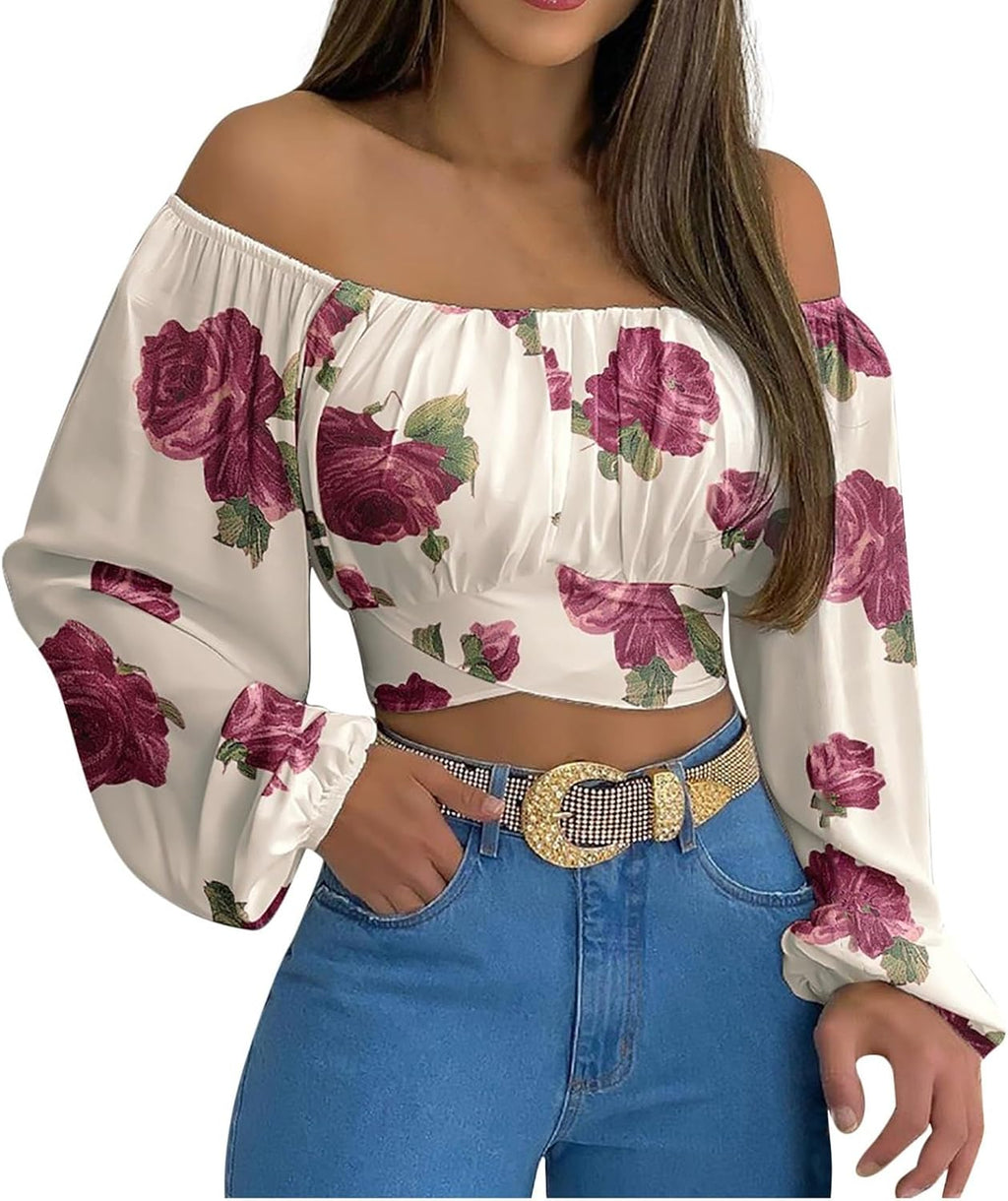 Off Shoulder Dam Crop Top Elegant Lanternärm Långärmad Rynkad Knytskärp Blus Sexy Shirt Semester Party Clubwear