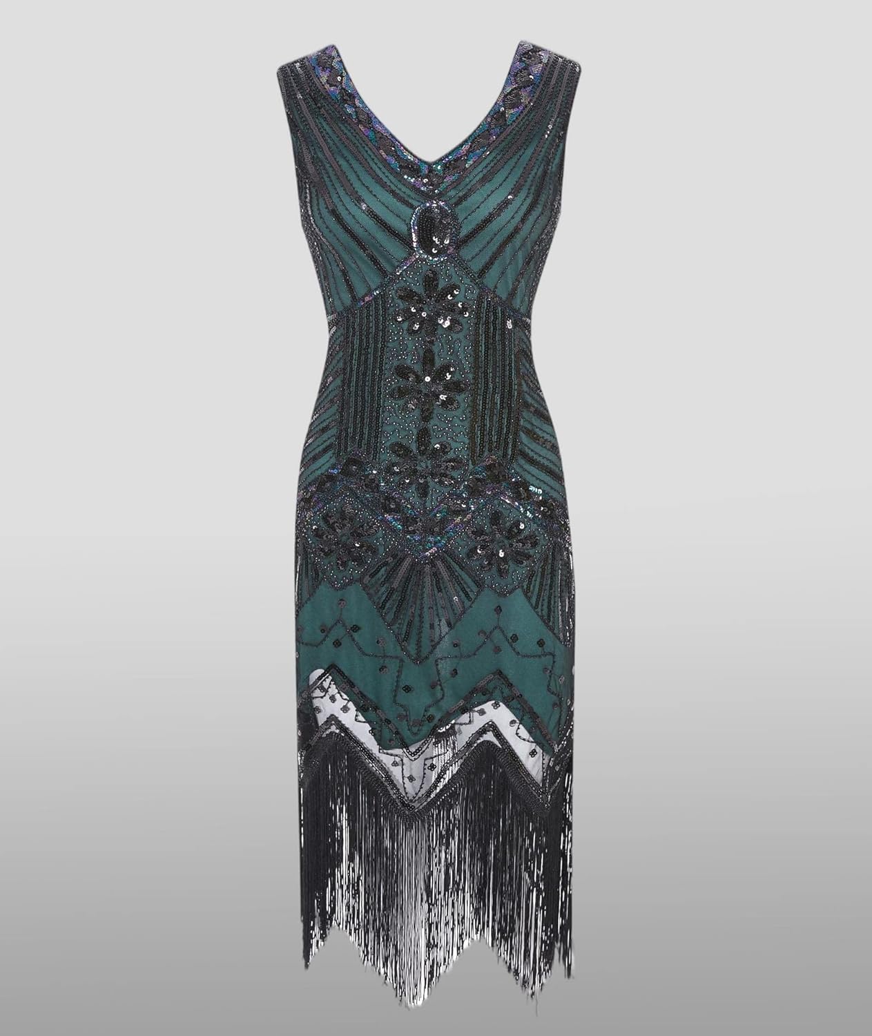 Hahaemma 1920-tals-vintageklänning, flapper-/charleston-klänning, Great Gatsby, med paljetter, tofsar och fåll, som examensbalklänning, aftonklänning, cocktailklänning eller kostymklänning