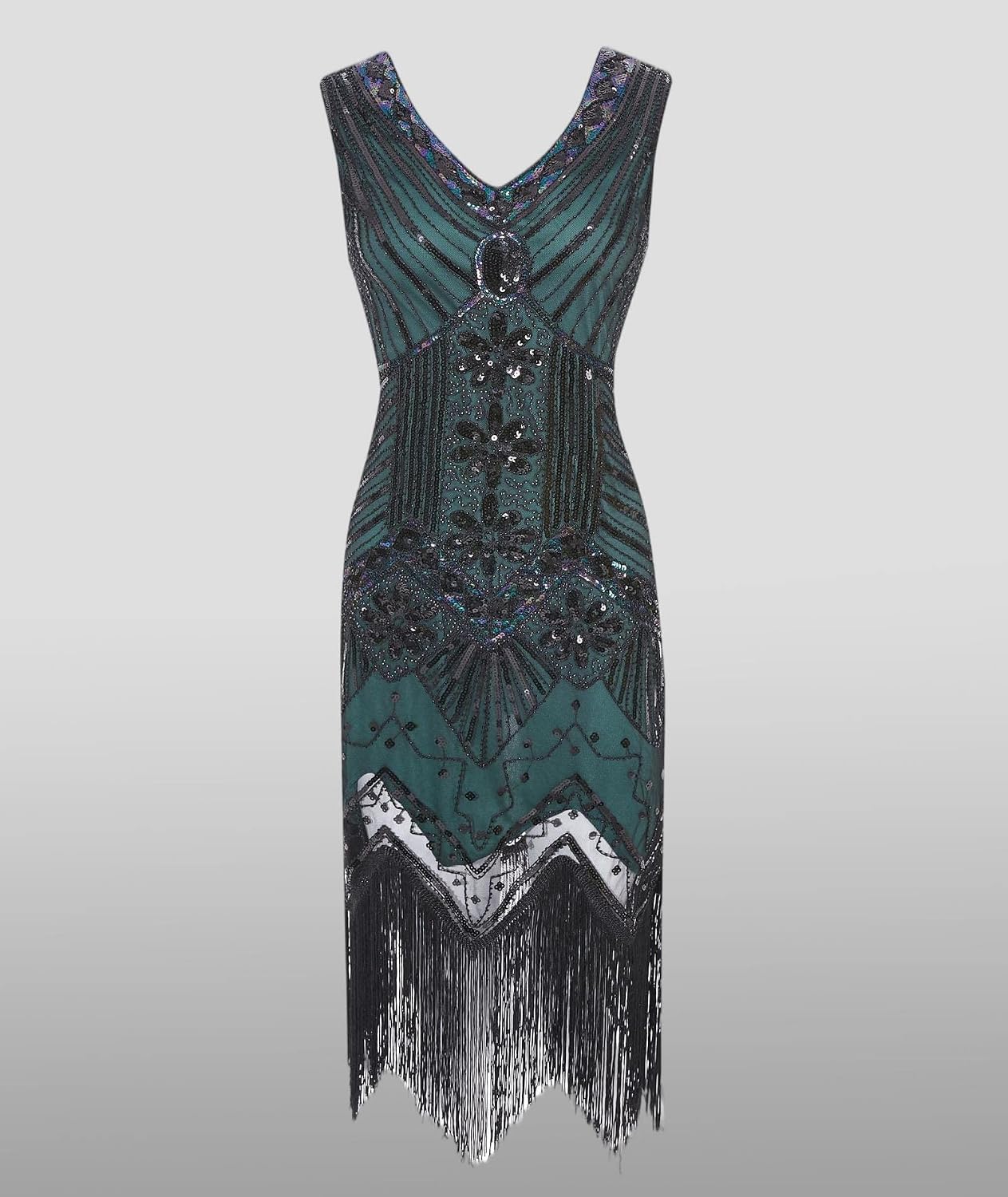 Hahaemma 1920-tals-vintageklänning, flapper-/charleston-klänning, Great Gatsby, med paljetter, tofsar och fåll, som examensbalklänning, aftonklänning, cocktailklänning eller kostymklänning
