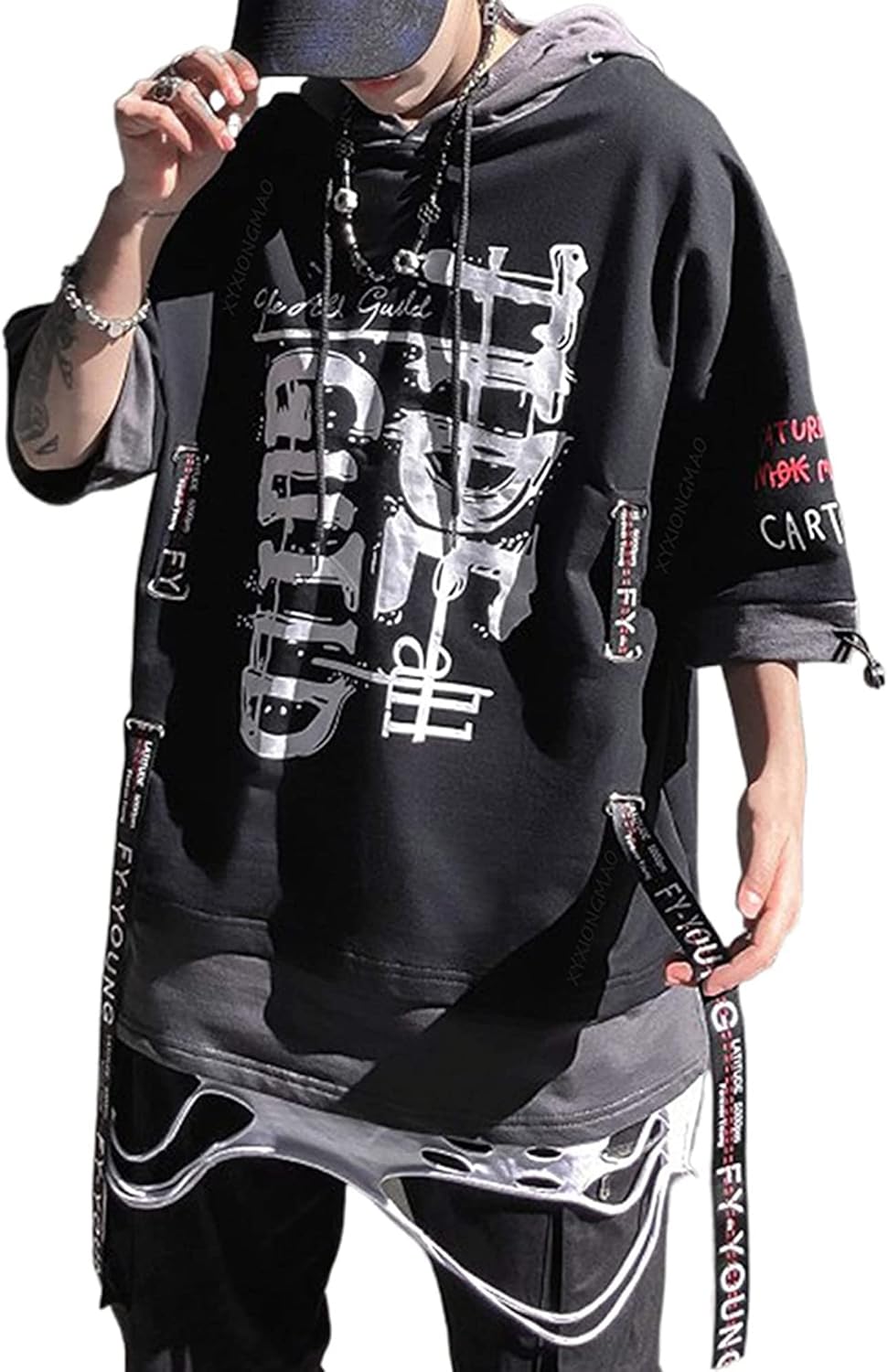 XYXIONGMAO Techwear Japansk hiphop-skjorta för män, grafisk alfabetdesign, arbetskläder, gotisk tröja