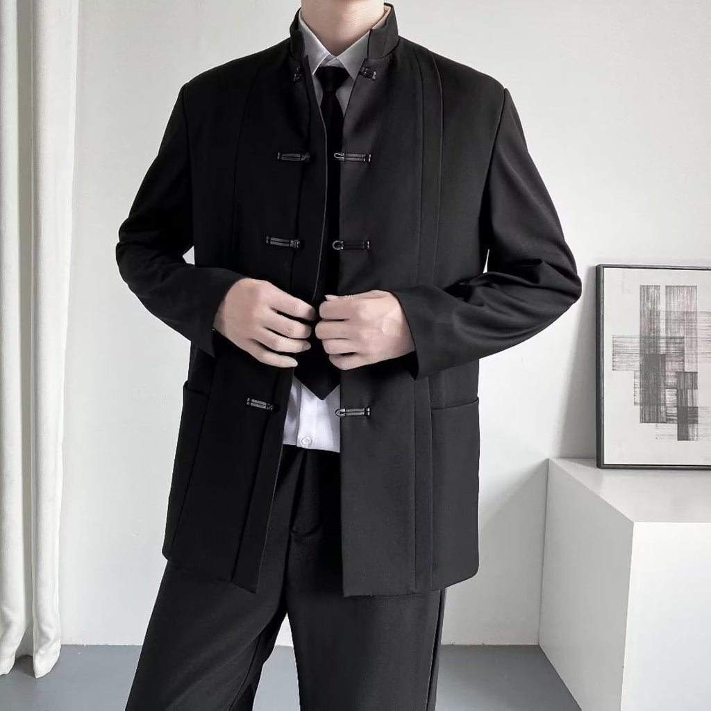 Casual Mandarin Collar Blazer FöR MäN LäTt Fodrad Business Coats Slim Fit Svart Kostymjacka