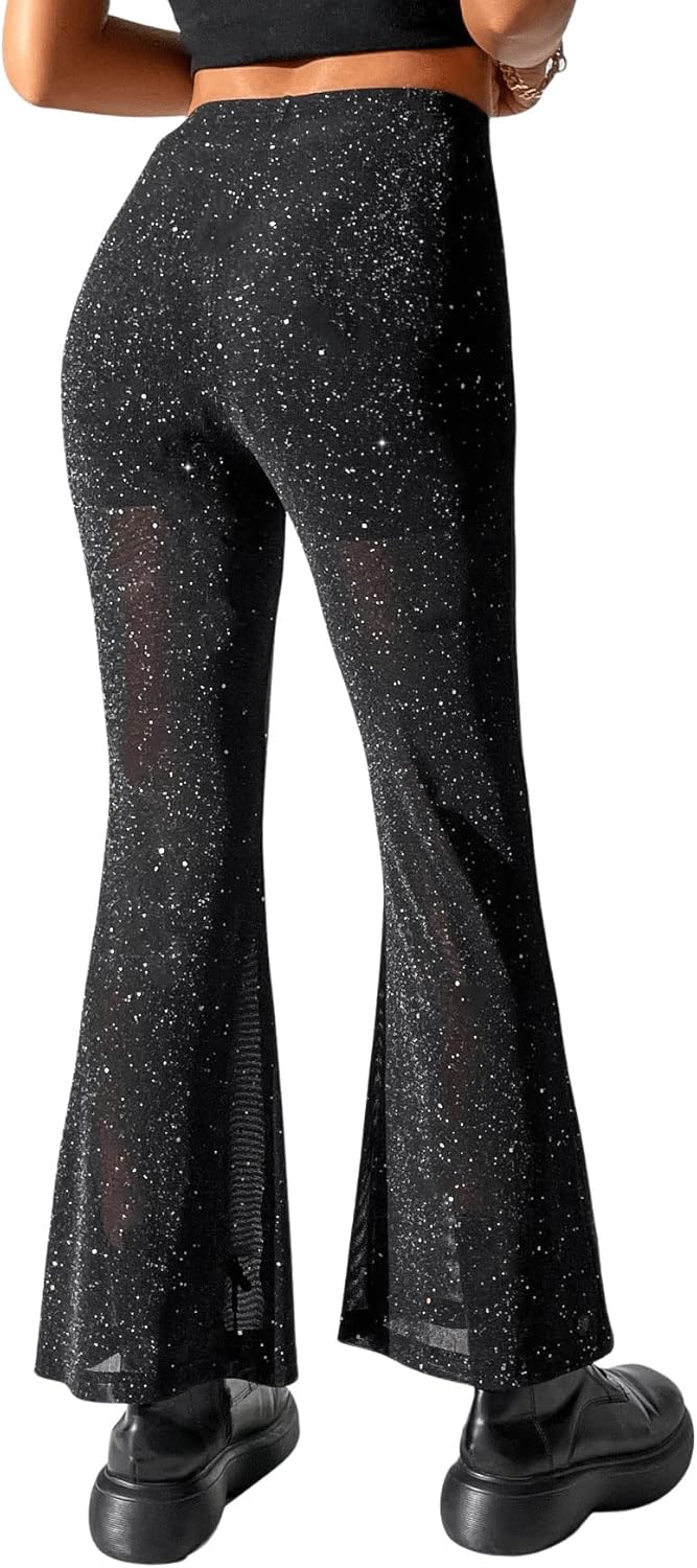GORGLITTER Nätbyxor, dam, genomskinliga utsvängda byxor med hög midja, glitterbyxor, långa festbyxor, glitter, utsvängda byxor
