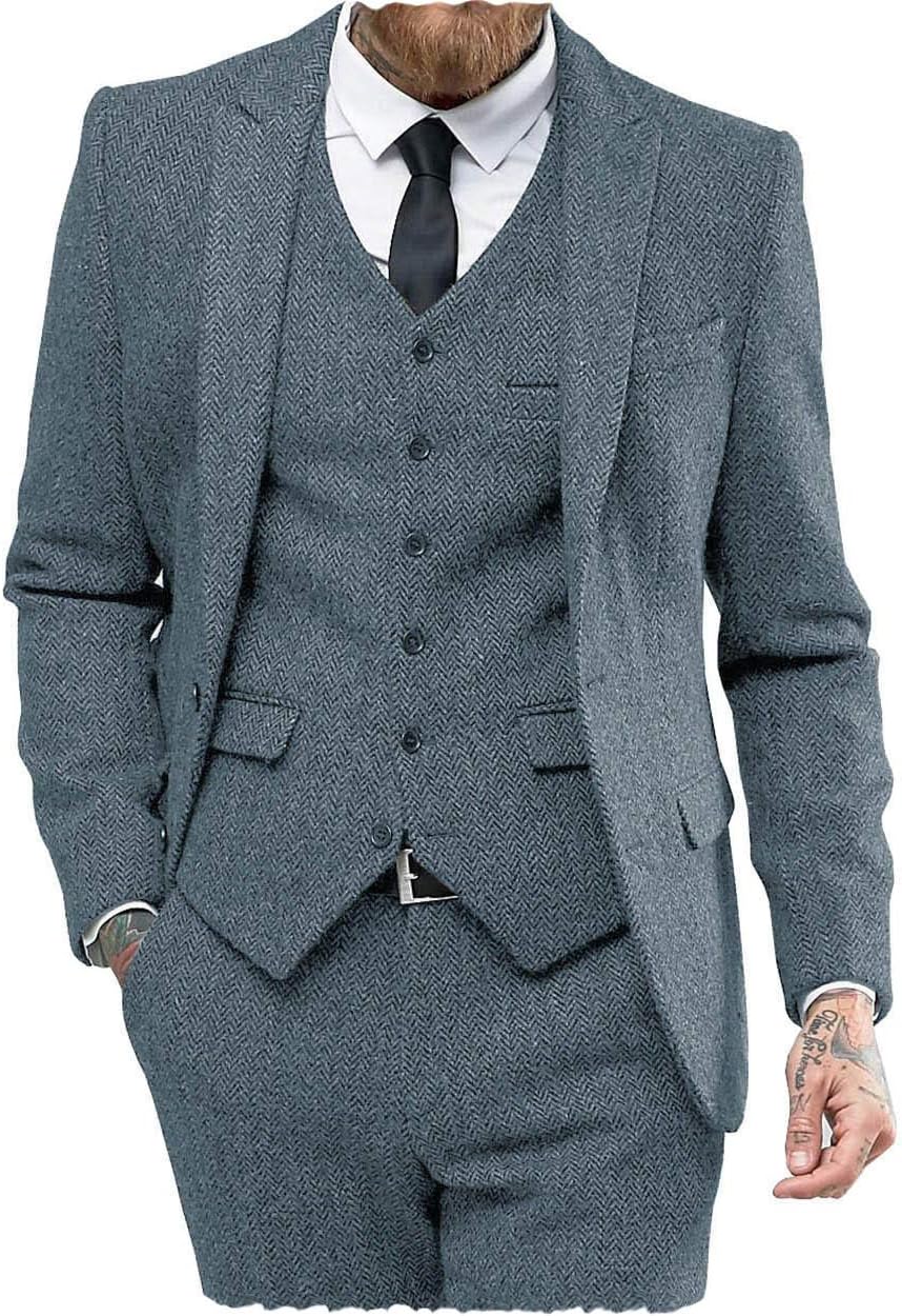 Klassiska herrkostymer normal passform 3 delar ull tweed fiskben by smoking bröllop brudgum blazer + väst + byxor