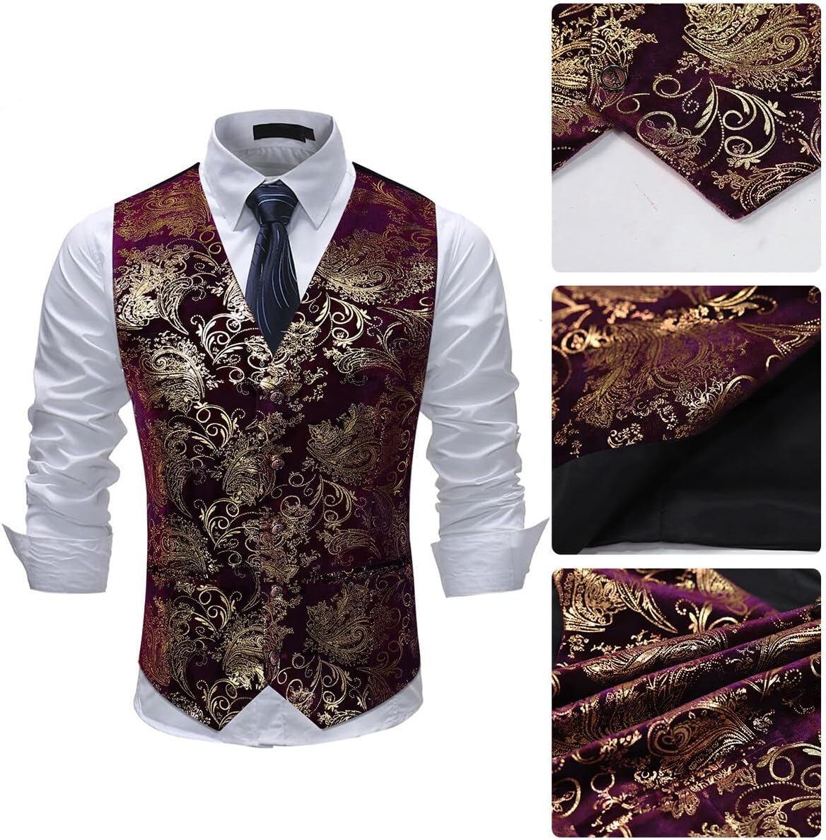 Paisley jacquard-kostym, väst för män, enkel knäppt väst, stilig, smal passform, med knäppning, bal, formell kostym