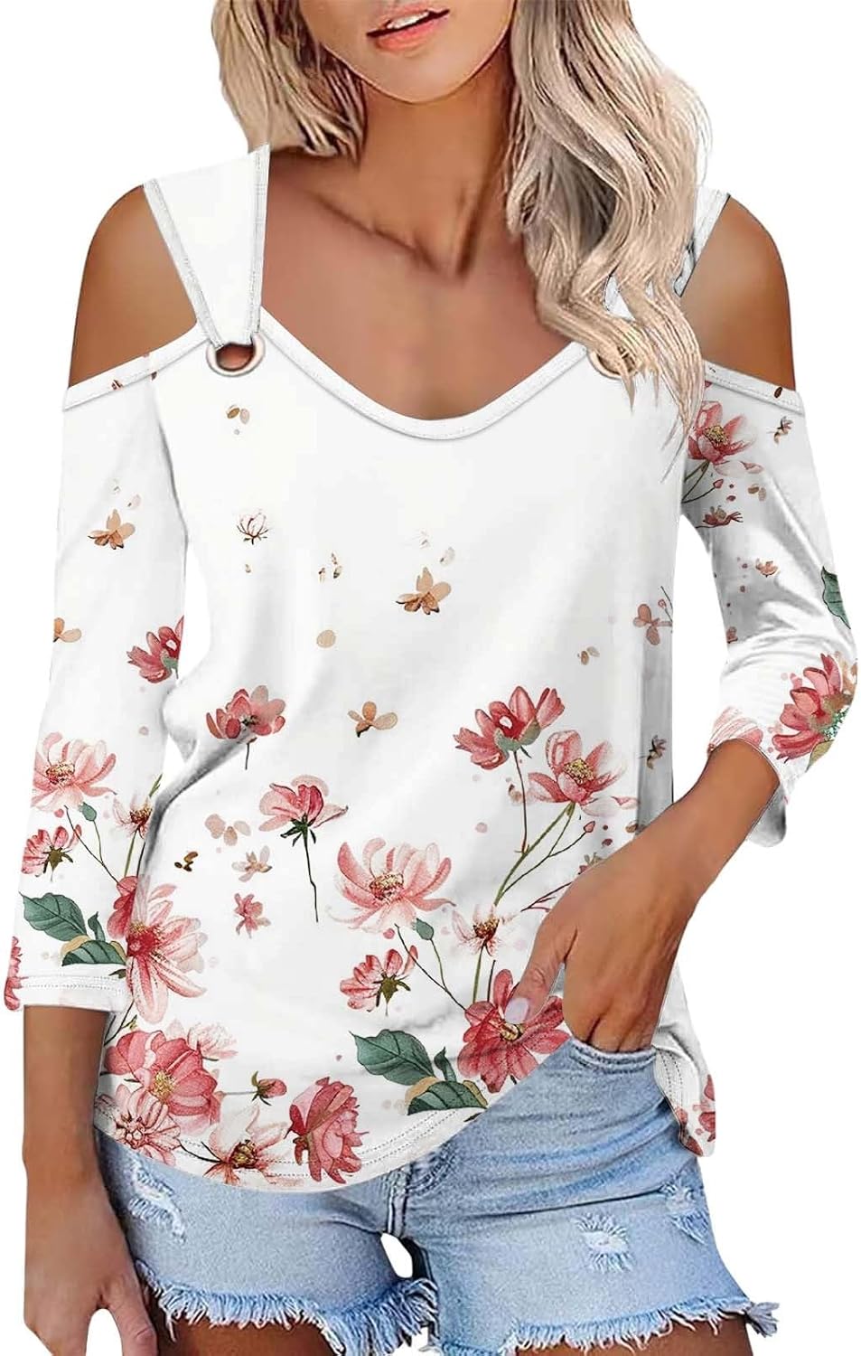 Enfärgad T-shirt för kvinnor, V-ringad och 3/4-ärmar i smal passform, sommarskjortor, topp, axellös, blustopp, toppar, eleganta fritidsskjortor, tryckt strandskjorta, t-shirt, stor storlek