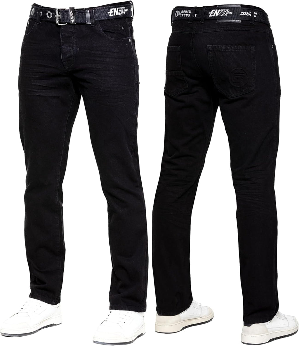 989Zé ENZO Herrjeans klassiska raka ben vardaglig bomull normal passform denim byxor gratis bälte