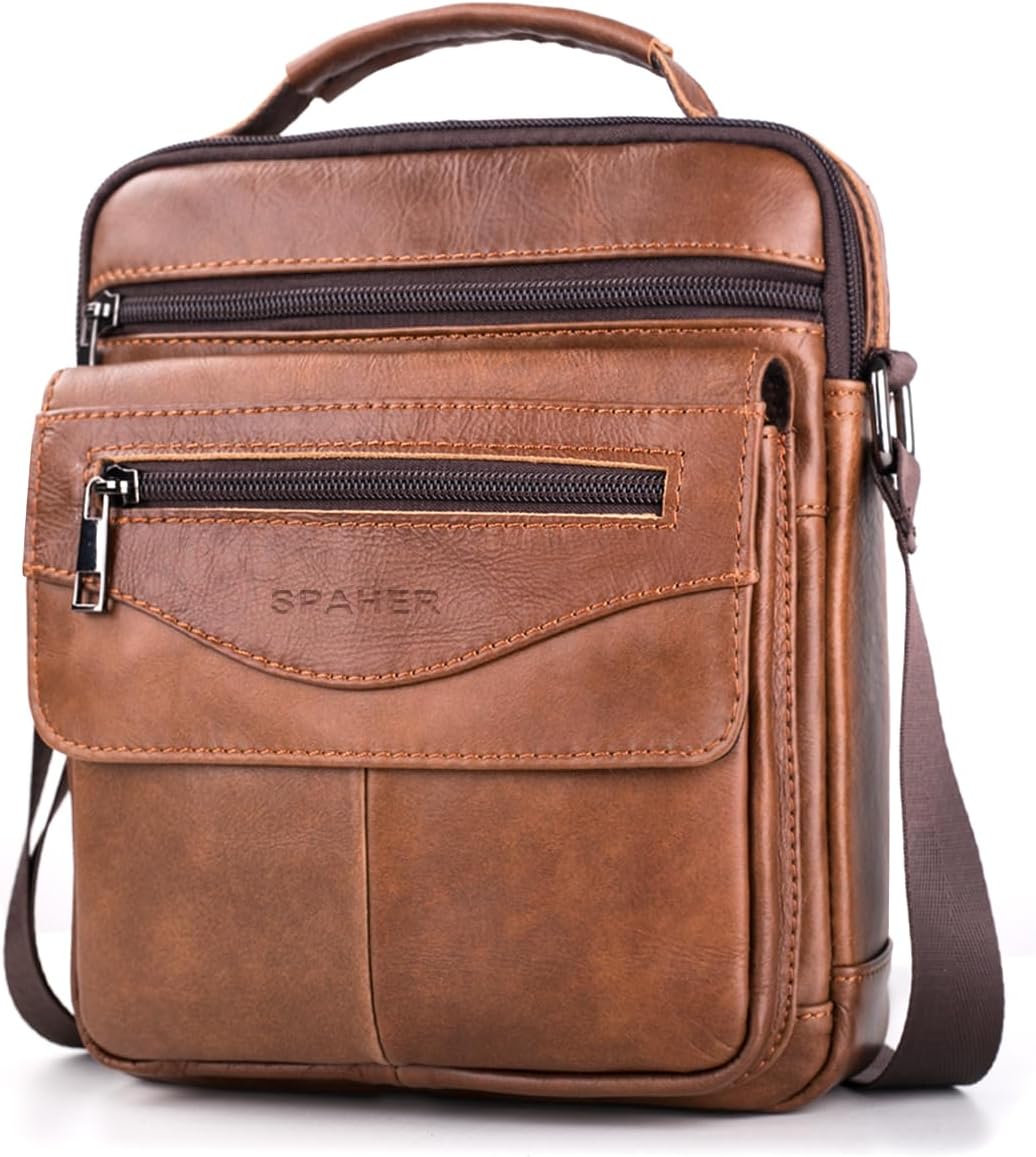 SPAHER Stor Herr Läderväska Handväska Axelväska Företag Kurirväska Cross Body Casual Sling Arrangör Reseväska För plånboksfodral med Topphandtag och Justerbar Rem Brun