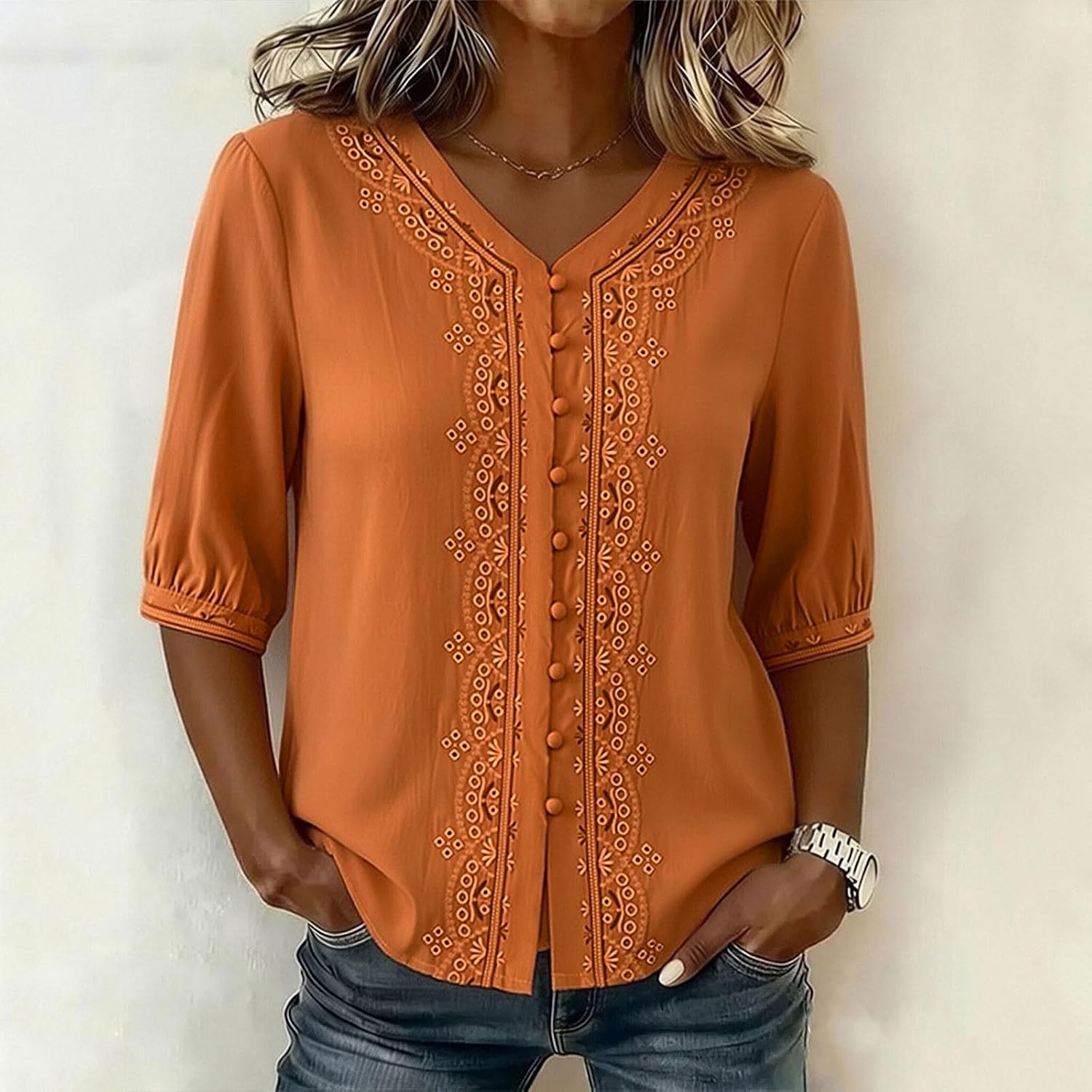 Kvinnors boho toppar bomull linne halvärm v-ringad retro broderade skjortor groda knapp kinesisk stil skjorta damer lös ledig sommar topp